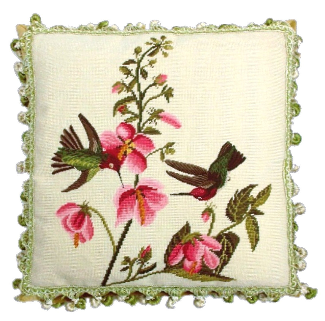 Needlepoint Hand-Embroidered Wool Throw Pillow Exquisite Home Designs 2 humming birds pink flowers with 3 color tassels