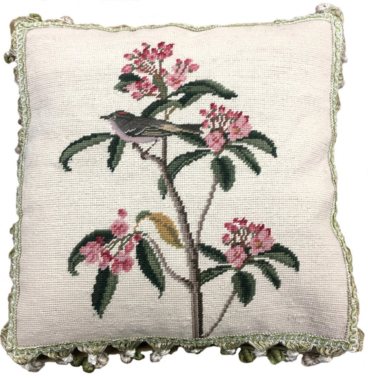 Needlepoint Hand-Embroidered Wool Throw Pillow Exquisite Home Designs gray bird pink flower background with tassels