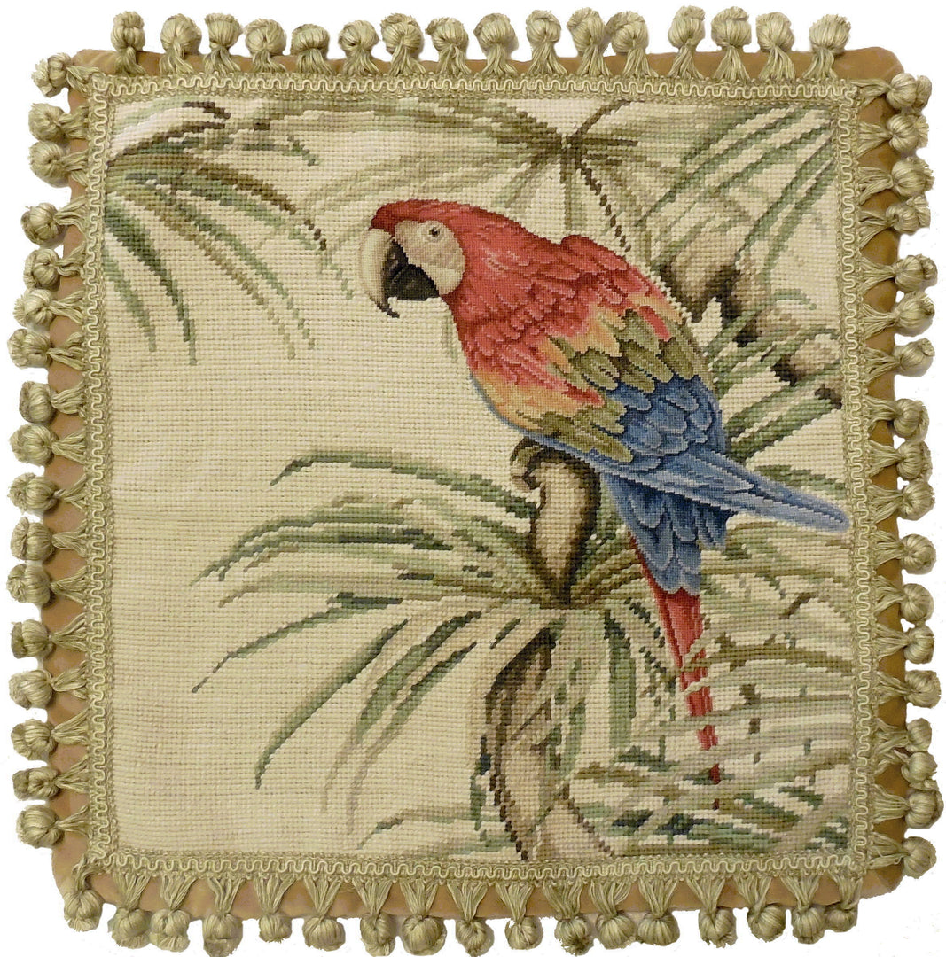 Needlepoint Hand-Embroidered Wool Throw Pillow Exquisite Home Designs parrot with tassels