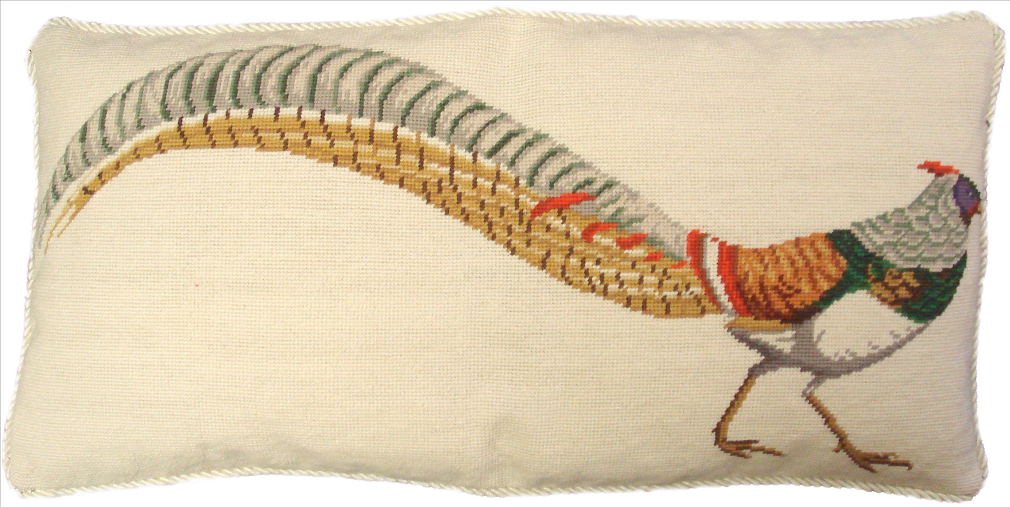 Needlepoint Hand-Embroidered Wool Throw Pillow Exquisite Home Designs pheasant in green/yellow with cording