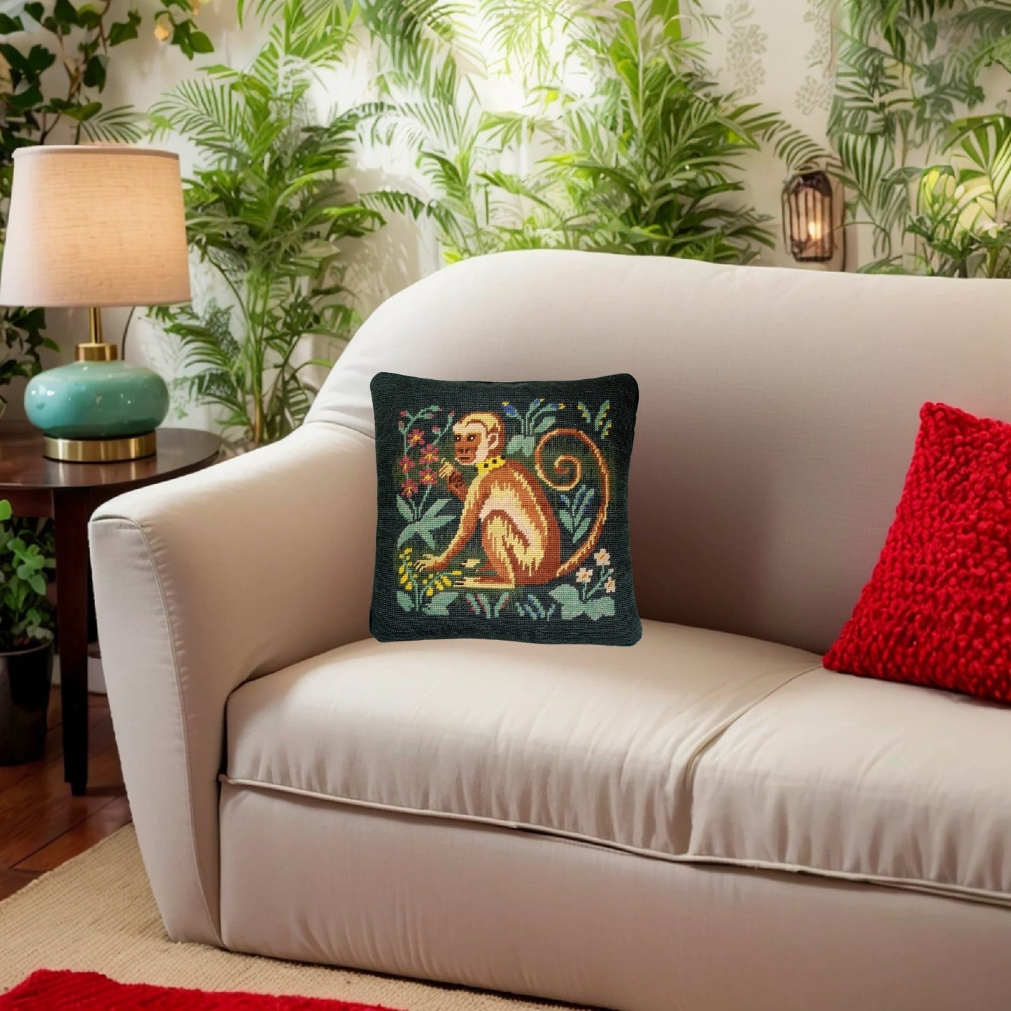 Handmade Wool Needlepoint Pillow Cover - Decorative Throw Cushion Cover - Vintage Floral Embroidery Design monkey hunting green background