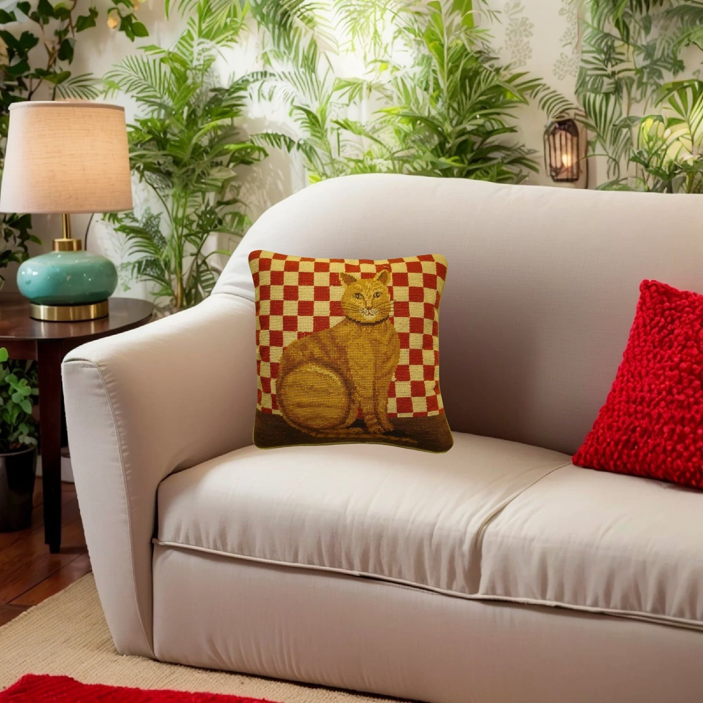 Handmade Wool Needlepoint Pillow Cover - Decorative Throw Cushion Cover - Vintage Floral Embroidery Design with  gold cat red checker