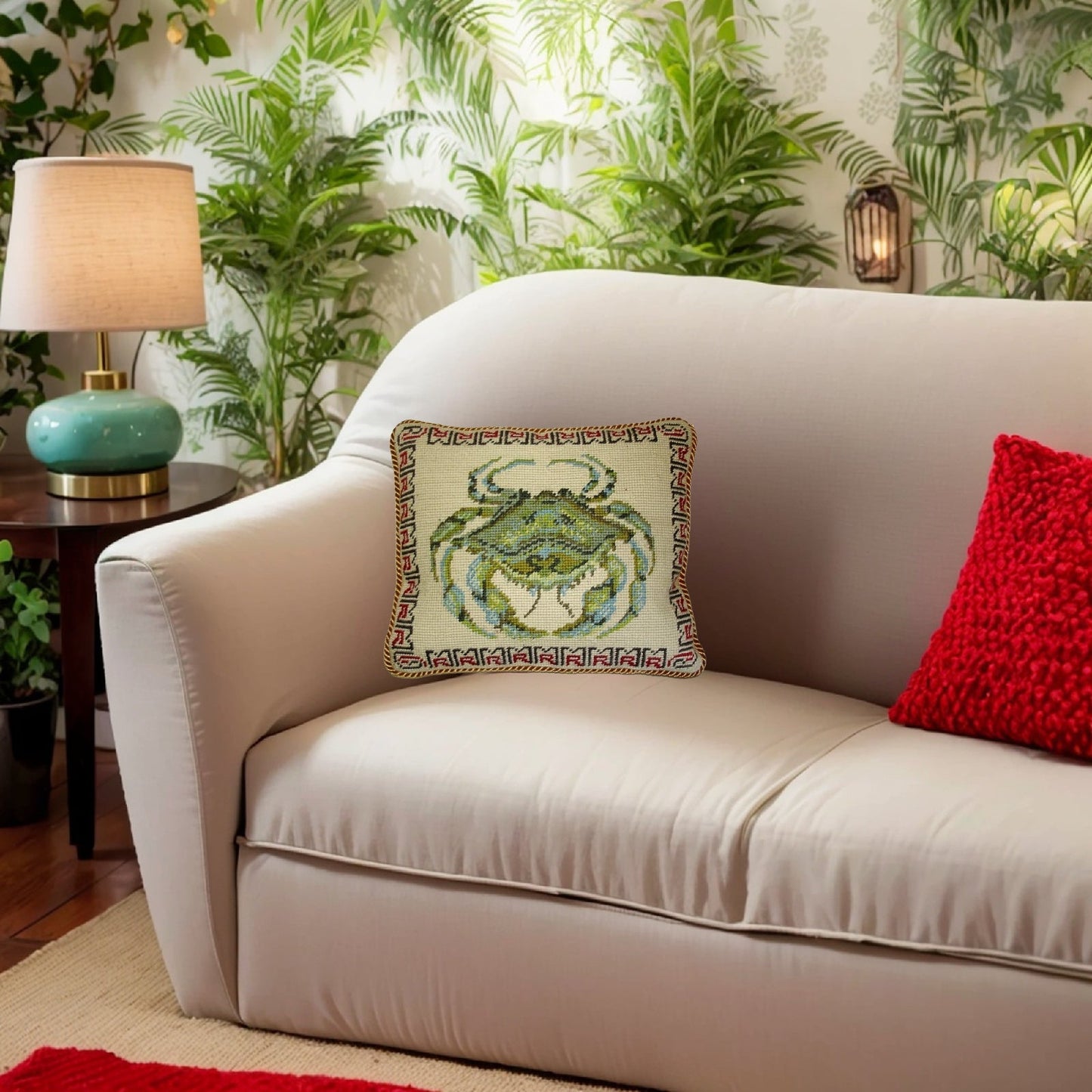Handmade Wool Needlepoint Pillow Cover - Decorative Throw Cushion Cover - Vintage Floral Embroidery Design Crab gold cording