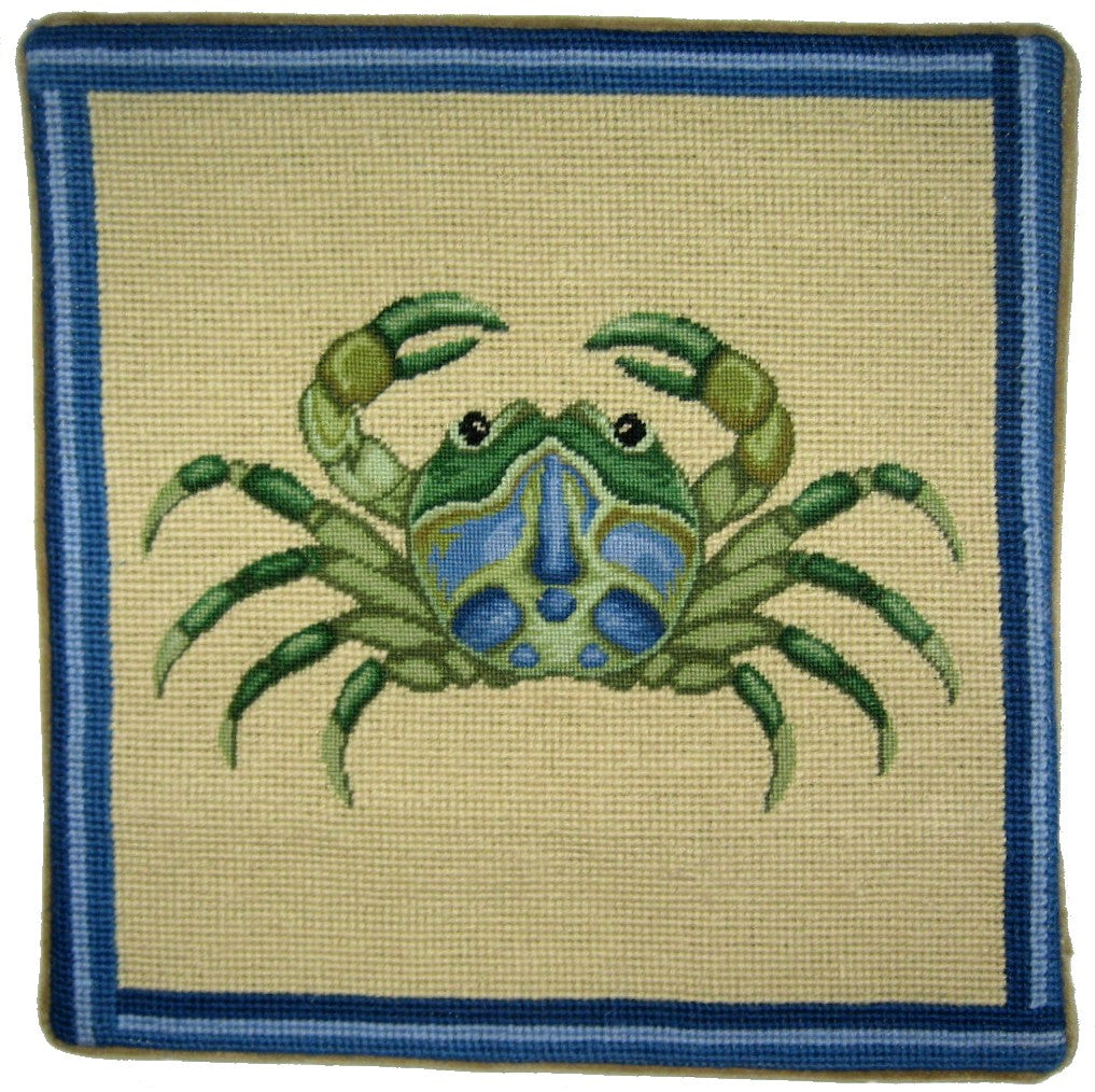 Needlepoint Hand-Embroidered Wool Throw Pillow Exquisite Home Designs green crab