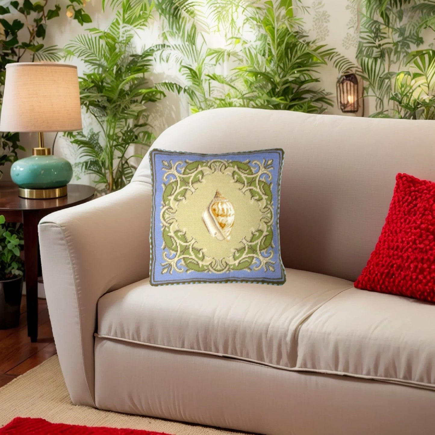 Handmade Wool Needlepoint Pillow Cover - Decorative Throw Cushion Cover - Vintage Floral Embroidery Design yellow shell with checker cording