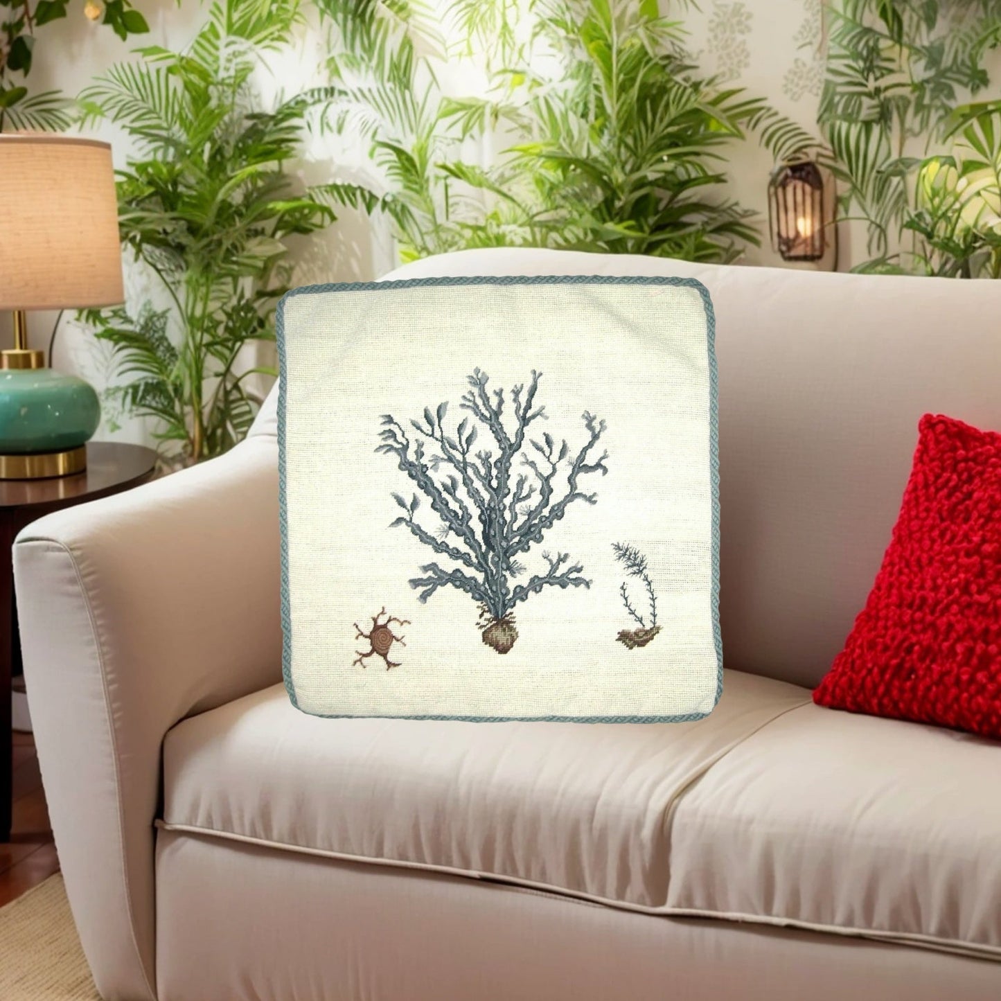 Handmade Wool Needlepoint Pillow Cover - Decorative Throw Cushion Cover - Vintage Floral Embroidery Design blue water weed in blue with blue cording 1