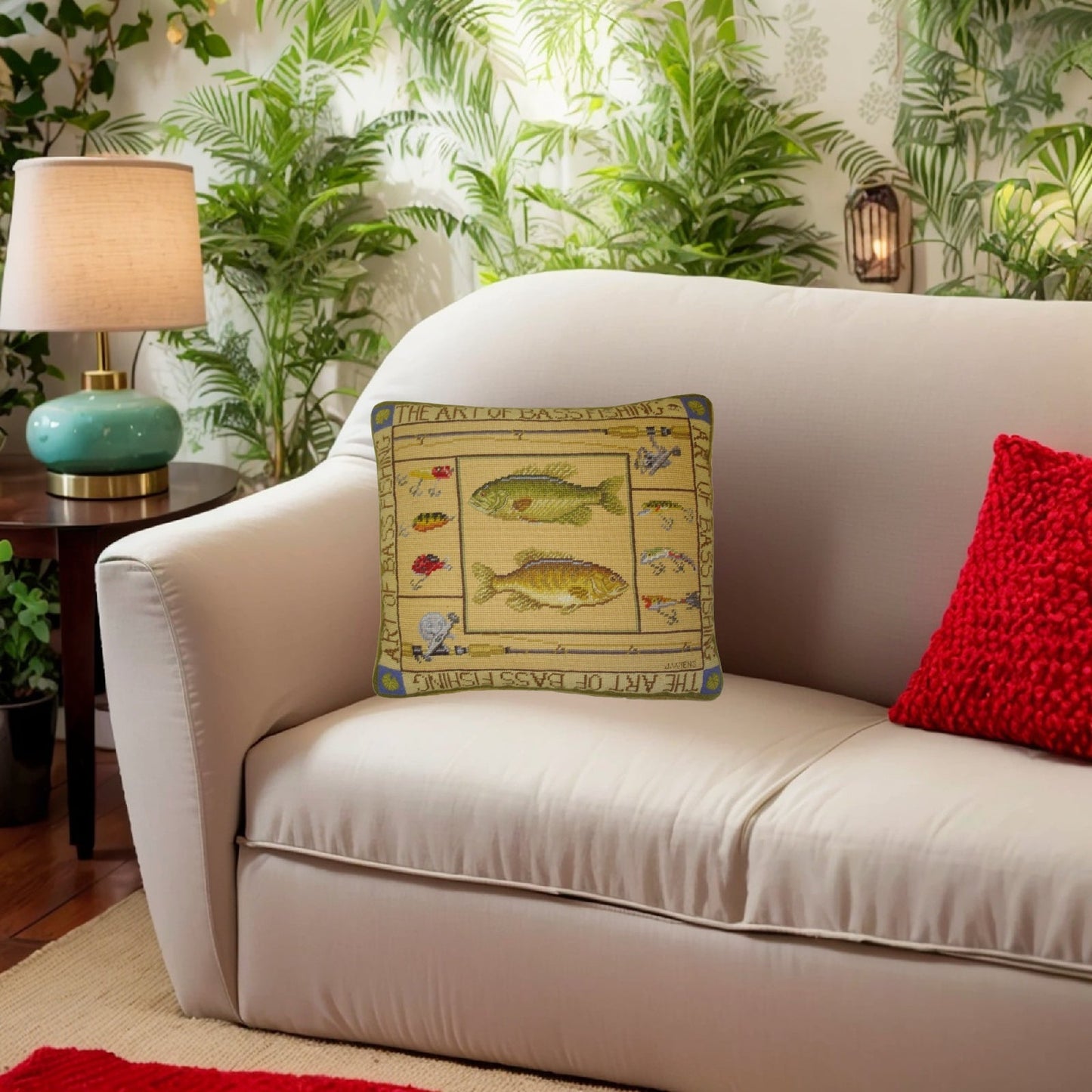 Handmade Wool Needlepoint Pillow Cover - Decorative Throw Cushion Cover - Vintage Floral Embroidery Design James Wienss designThe art of bass fishing, &