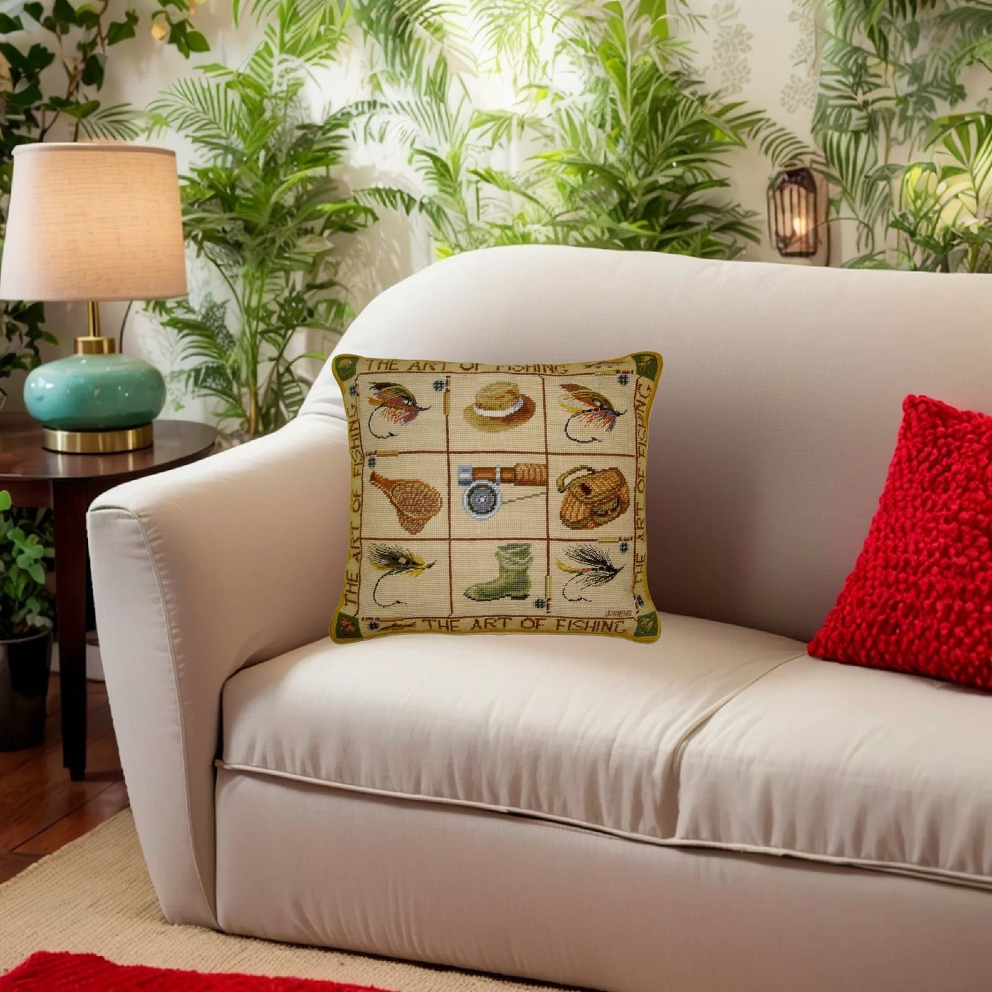 Handmade Wool Needlepoint Pillow Cover - Decorative Throw Cushion Cover - Vintage Floral Embroidery Design James Wienss designThe art of fishing, &