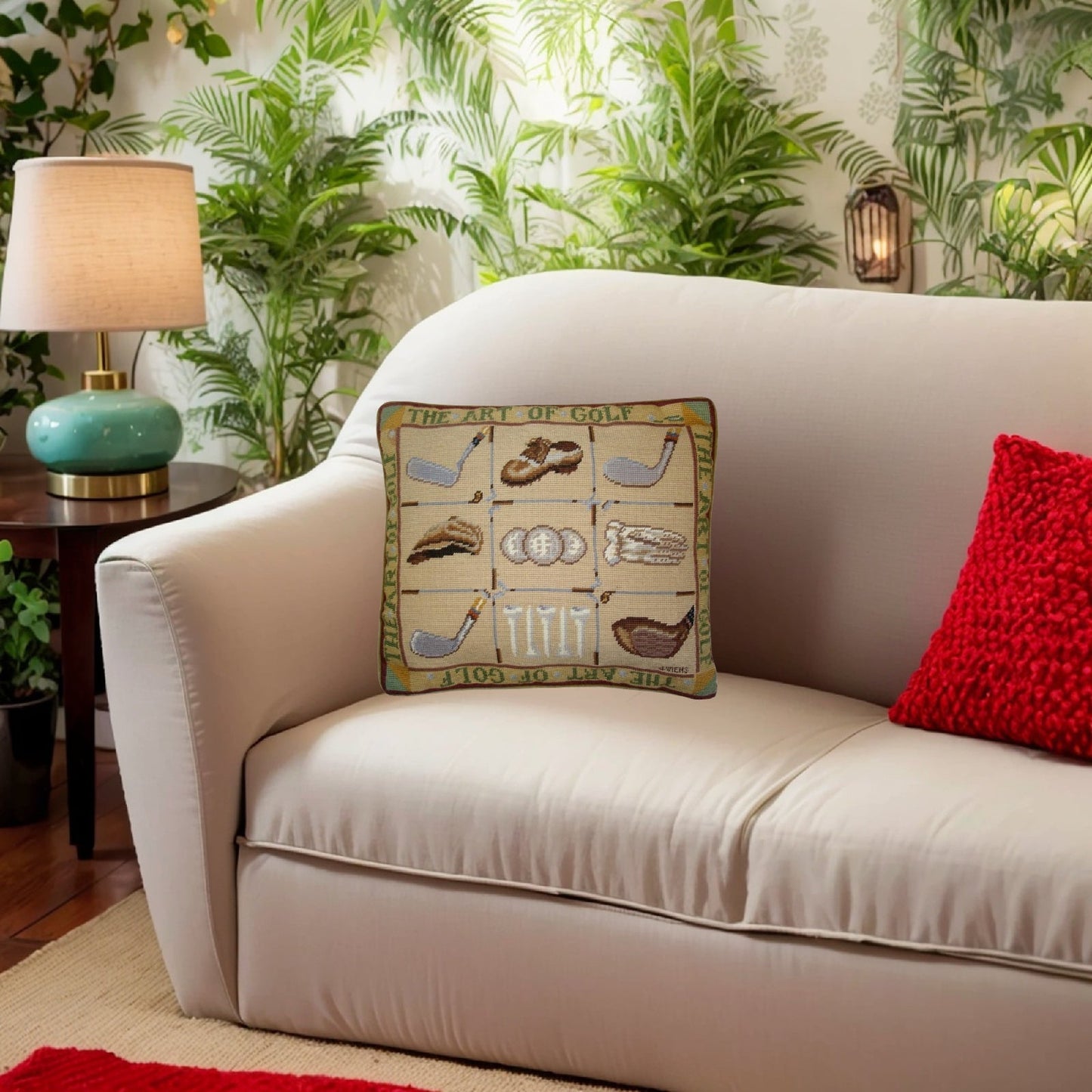 Handmade Wool Needlepoint Pillow Cover - Decorative Throw Cushion Cover - Vintage Floral Embroidery Design James Wienss designThe art of golf, &