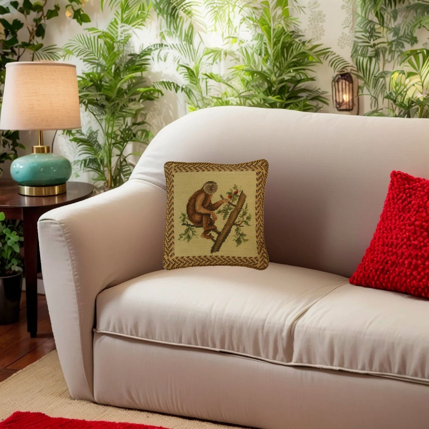 Handmade Wool Needlepoint Pillow Cover - Decorative Throw Cushion Cover - Vintage Floral Embroidery Design monkey holding the branch