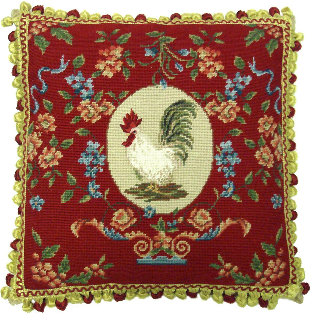 Needlepoint Hand-Embroidered Wool Throw Pillow Exquisite Home Designs chicken floral with tassels