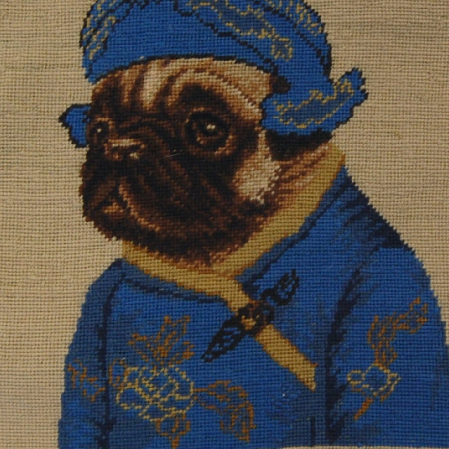 Handmade Wool Needlepoint Pillow Cover - Decorative Throw Cushion Cover - Vintage Floral Embroidery Design  pug boy in blue with 3 color cording