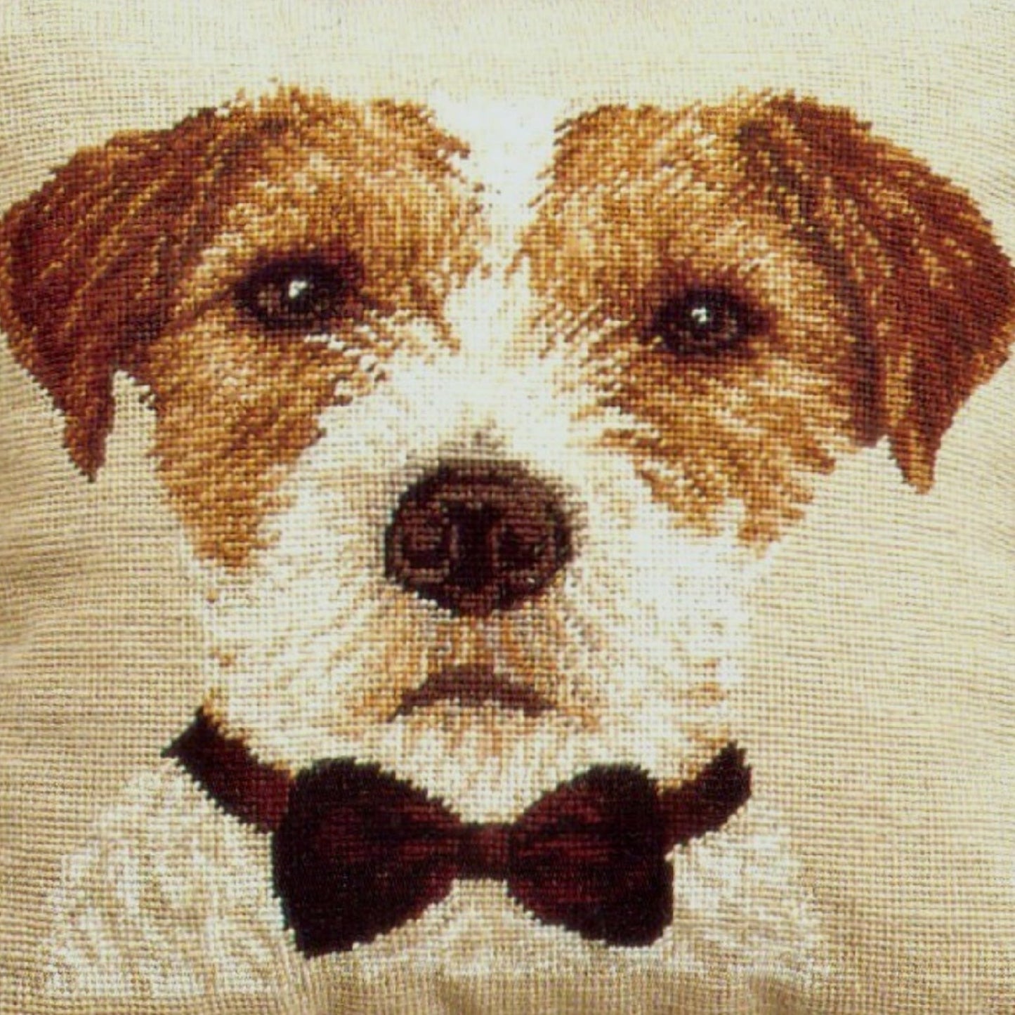 Handmade Wool Needlepoint Pillow Cover - Decorative Throw Cushion Cover - Vintage Floral Embroidery Design  Jack Russell with 2 color cording