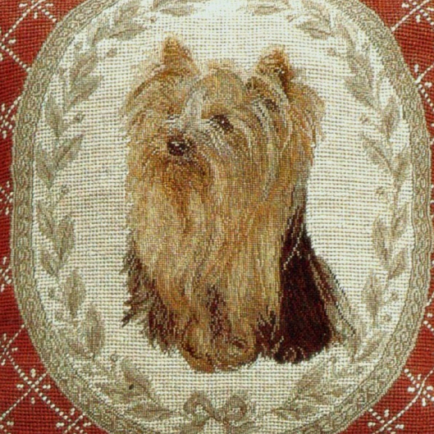 Handmade Wool Needlepoint Pillow Cover - Decorative Throw Cushion Cover - Vintage Floral Embroidery Design  Yorkshire Terrier in red weather frame