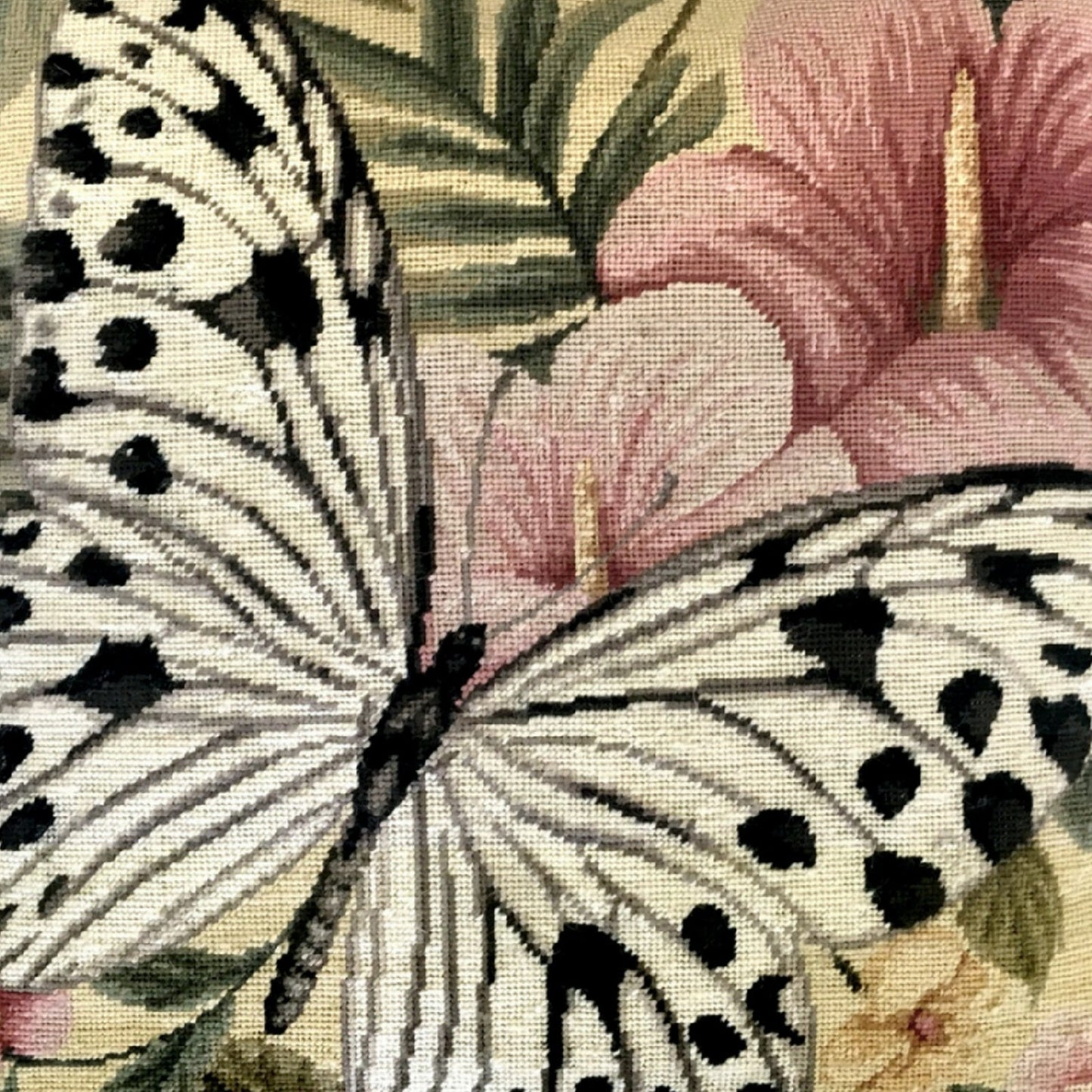 Handmade Wool Needlepoint Pillow Cover - Decorative Throw Cushion Cover - Vintage Floral Embroidery Design  butterfly w/b dark dots & pink flower with cording