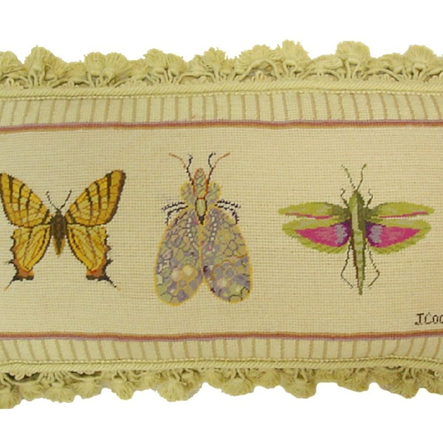 Handmade Wool Needlepoint Pillow Cover - Decorative Throw Cushion Cover - Vintage Floral Embroidery Design Jan Cooleys Bug Collection 1 insects Butterfly, Flyer, Grasshopper grosspoint background with tassels