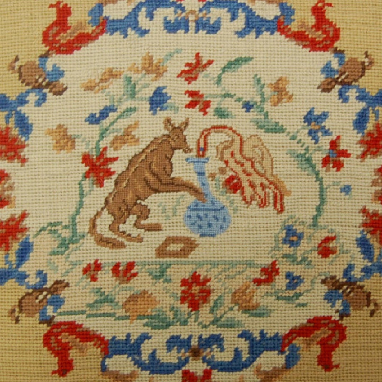 Handmade Wool Needlepoint Pillow Cover - Decorative Throw Cushion Cover - Vintage Floral Embroidery Design  rest with cording