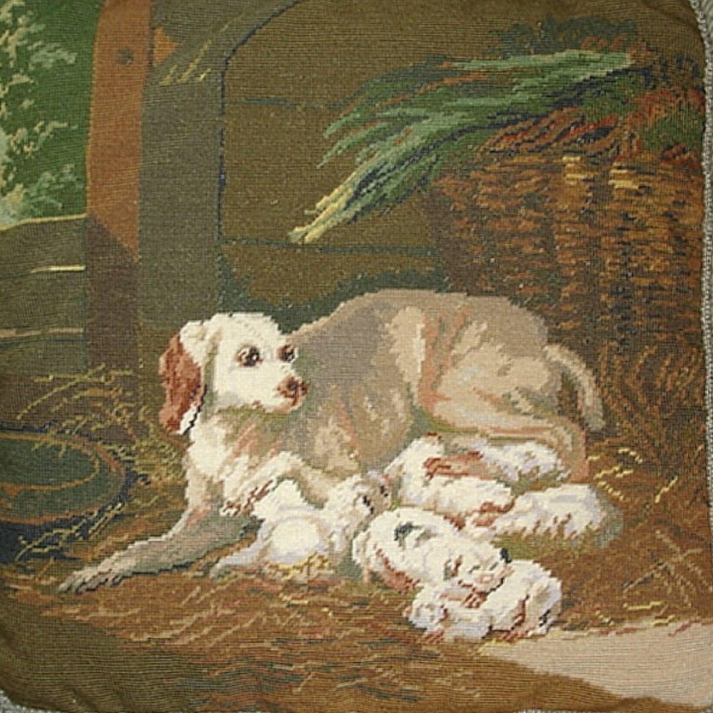 Handmade Wool Needlepoint Pillow Cover - Decorative Throw Cushion Cover - Vintage Floral Embroidery Design dog mom with puppies background with tassel
