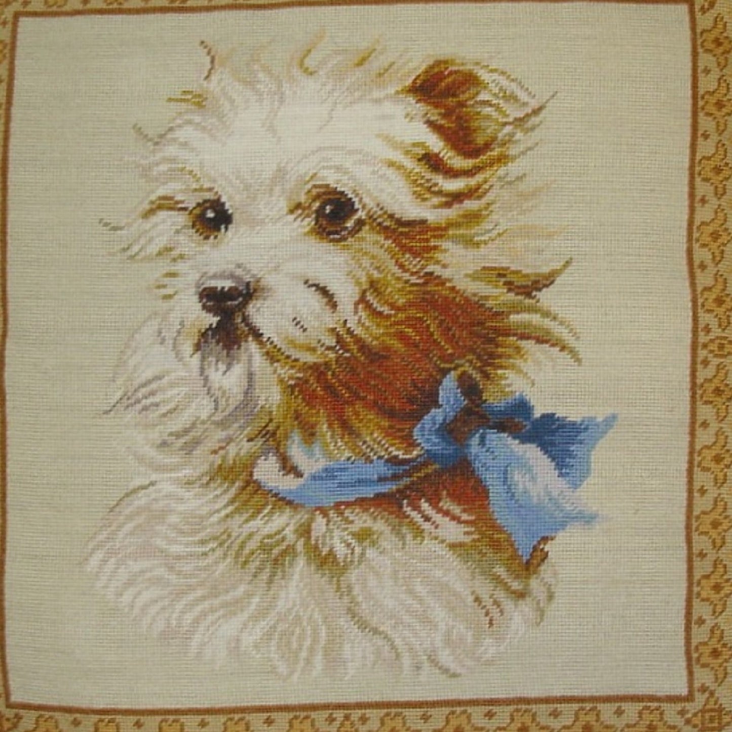 Handmade Wool Needlepoint Pillow Cover - Decorative Throw Cushion Cover - Vintage Floral Embroidery Design  Terrier dog with nature tassel