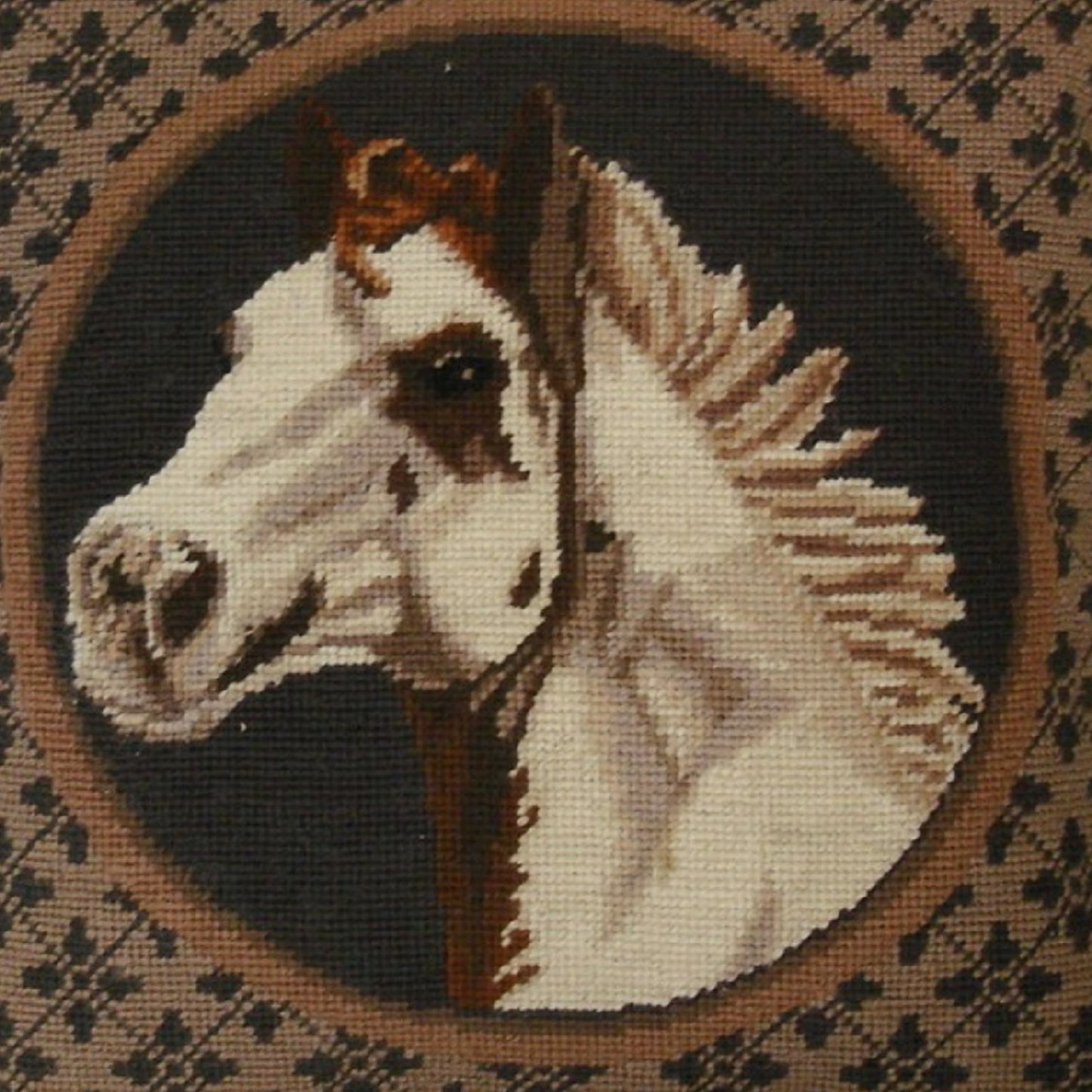 Handmade Wool Needlepoint Pillow Cover - Decorative Throw Cushion Cover - Vintage Floral Embroidery Design white horse head brown cording