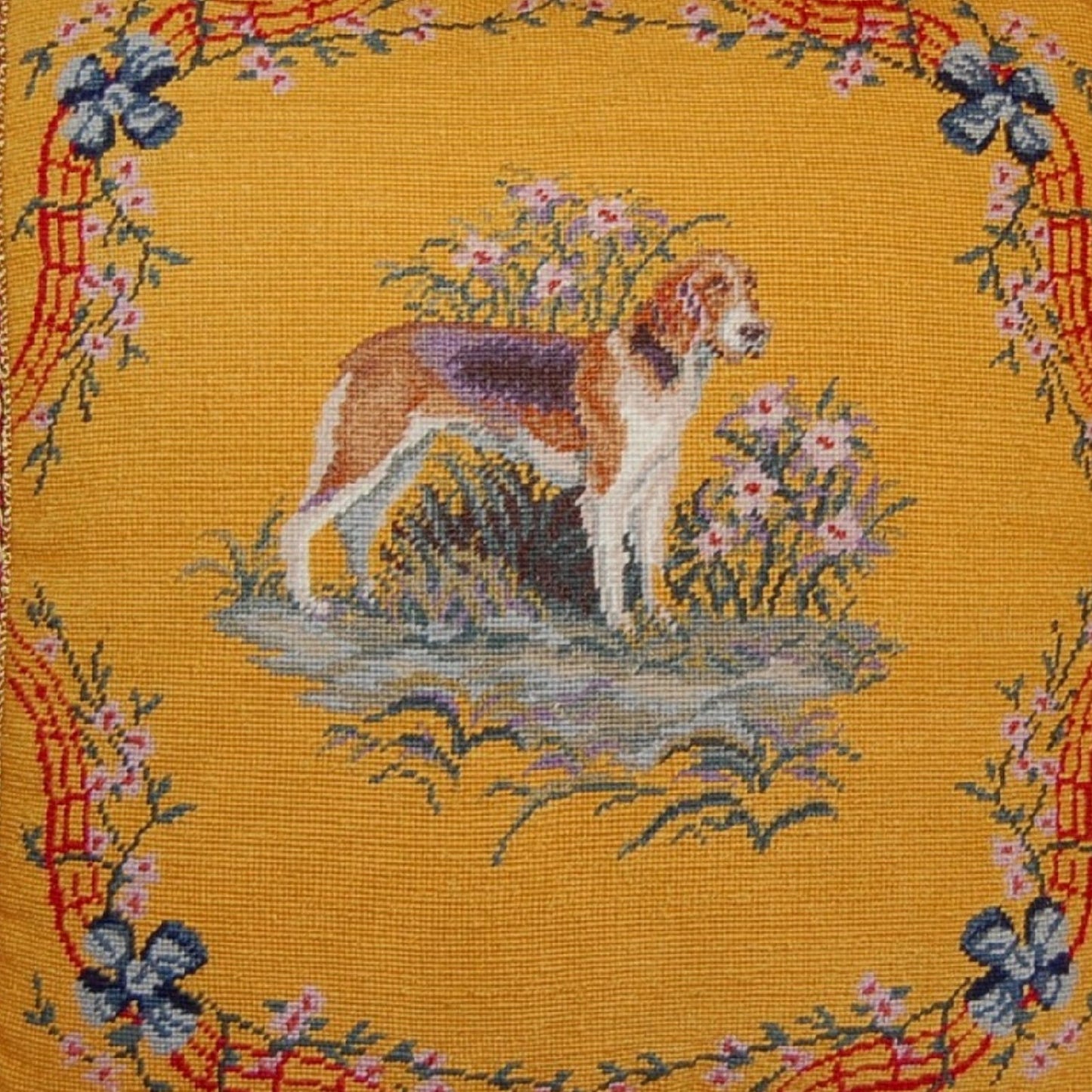 Handmade Wool Needlepoint Pillow Cover - Decorative Throw Cushion Cover - Vintage Floral Embroidery Design  dog with gold tassel