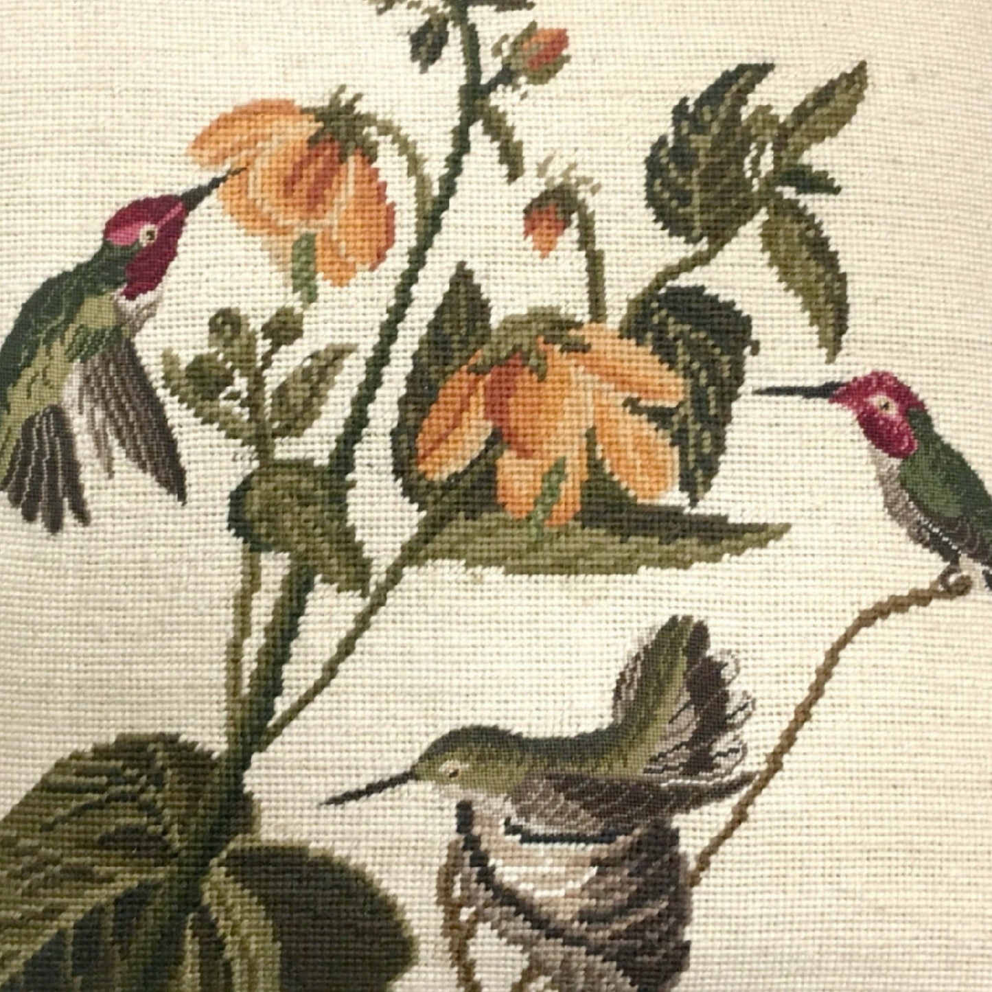 Handmade Wool Needlepoint Pillow Cover - Decorative Throw Cushion Cover - Vintage Floral Embroidery Design 3 humming birds yellow flower