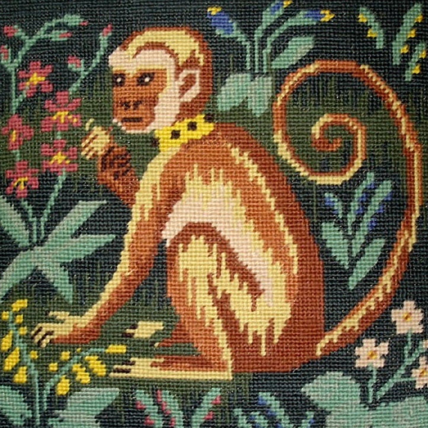 Handmade Wool Needlepoint Pillow Cover - Decorative Throw Cushion Cover - Vintage Floral Embroidery Design monkey hunting green background