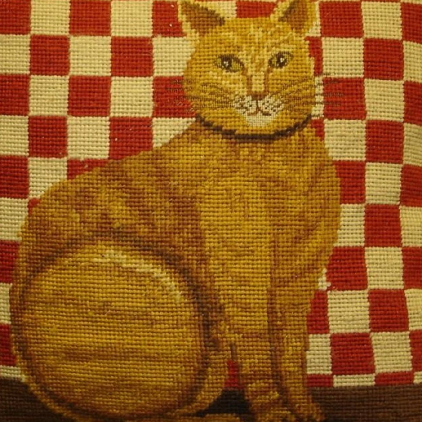 Handmade Wool Needlepoint Pillow Cover - Decorative Throw Cushion Cover - Vintage Floral Embroidery Design with  gold cat red checker