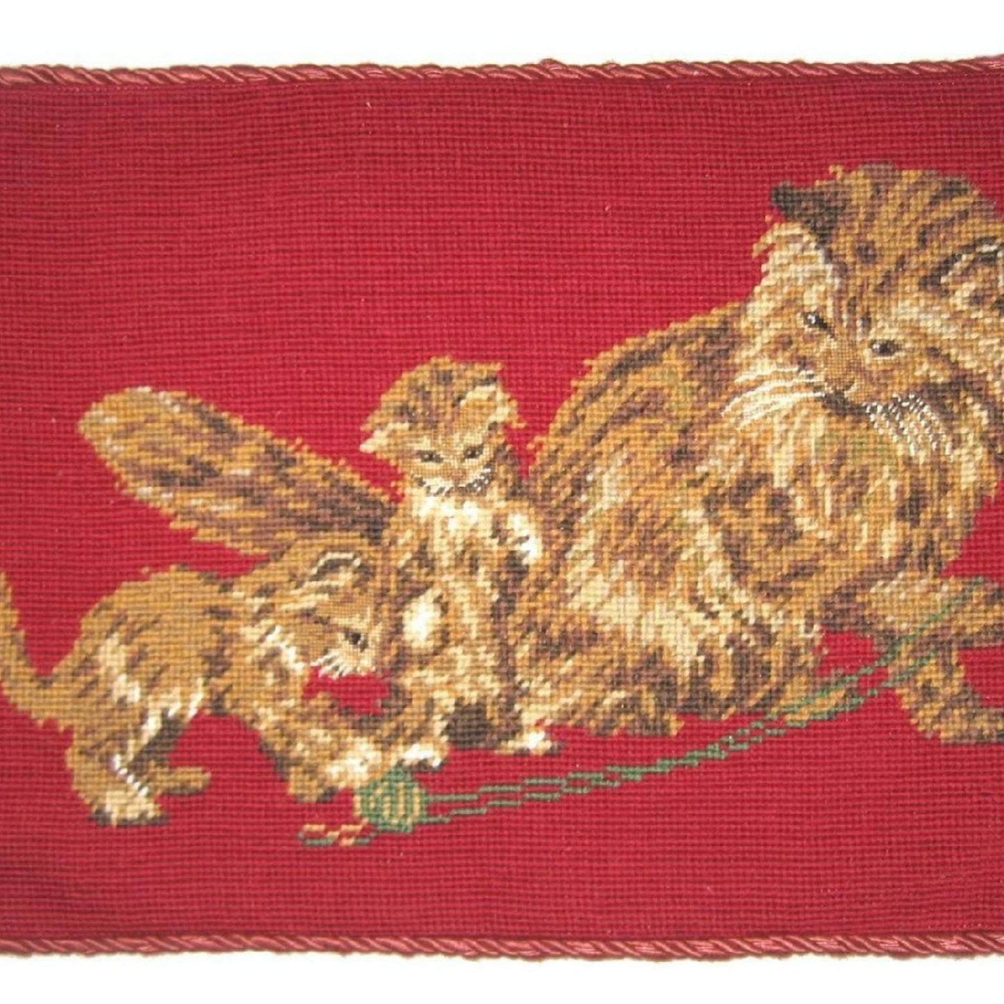 Handmade Wool Needlepoint Pillow Cover - Decorative Throw Cushion Cover - Vintage Floral Embroidery Design  on cats faces rest brown cats in red background with cording
