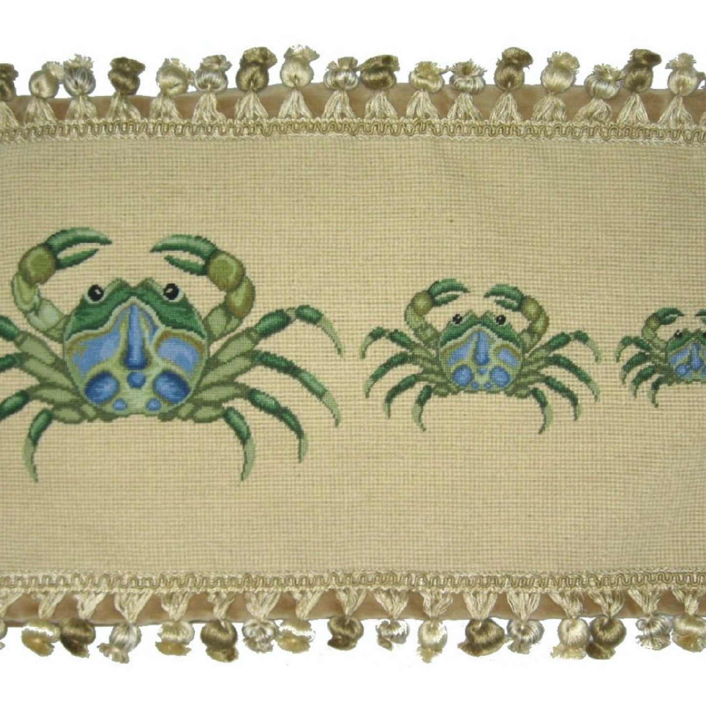 Handmade Wool Needlepoint Pillow Cover - Decorative Throw Cushion Cover - Vintage Floral Embroidery Design 3 green crabs with tassel