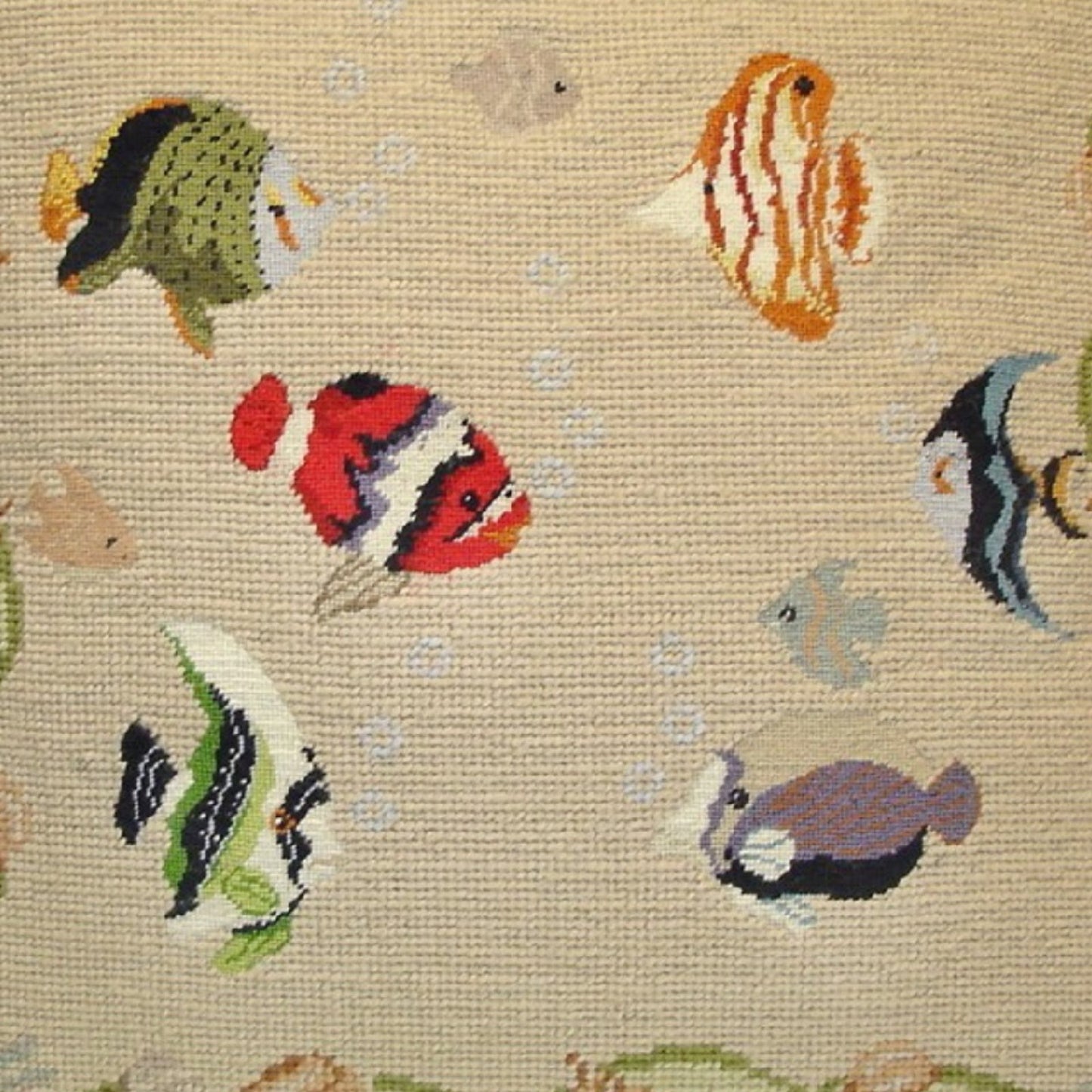 Handmade Wool Needlepoint Pillow Cover - Decorative Throw Cushion Cover - Vintage Floral Embroidery Design fishes with grosspoint 2 color background, nature tassels