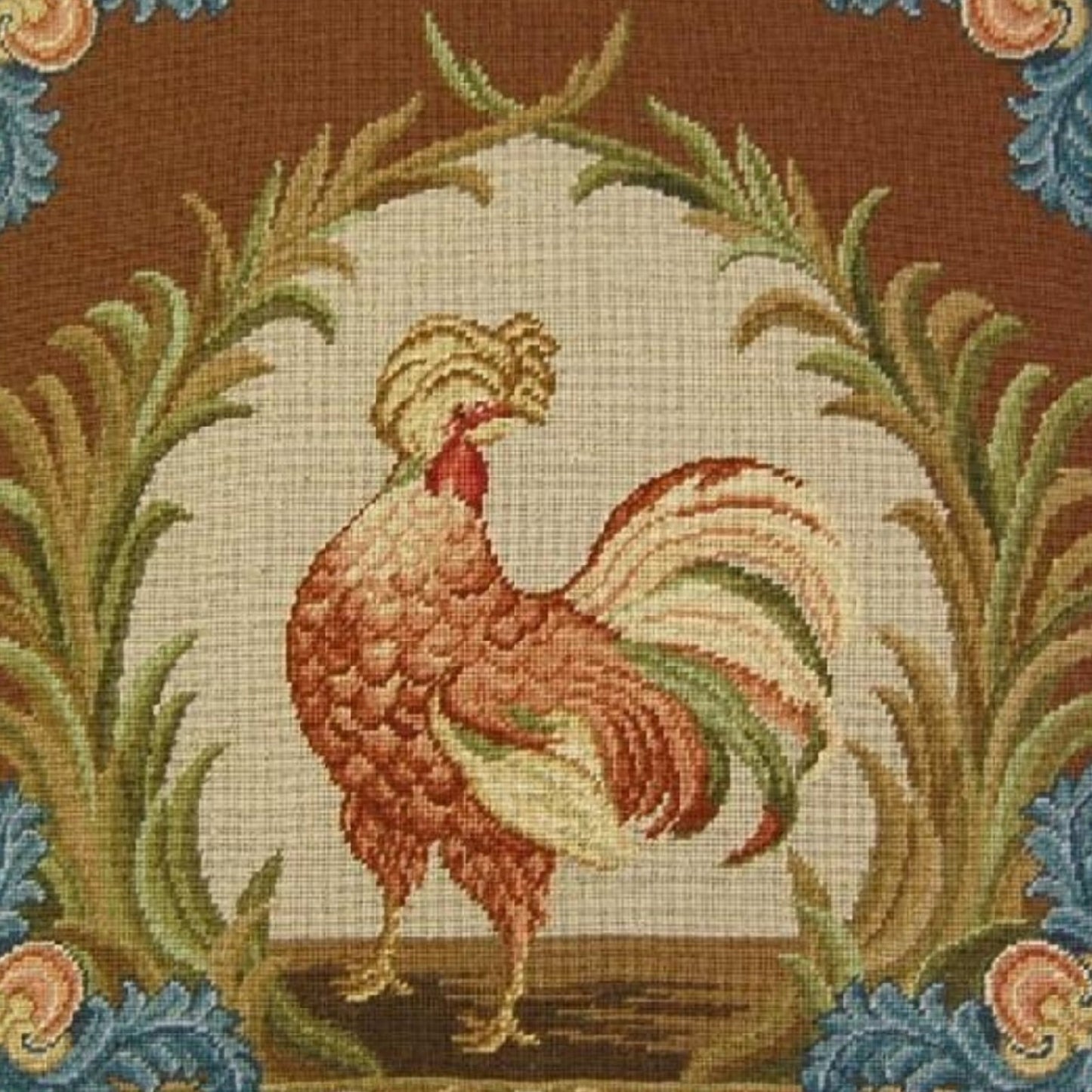 Handmade Wool Needlepoint Pillow Cover - Decorative Throw Cushion Cover - Vintage Floral Embroidery Design  Old World gallinaceous game bird -partridge looking back with tassels 1