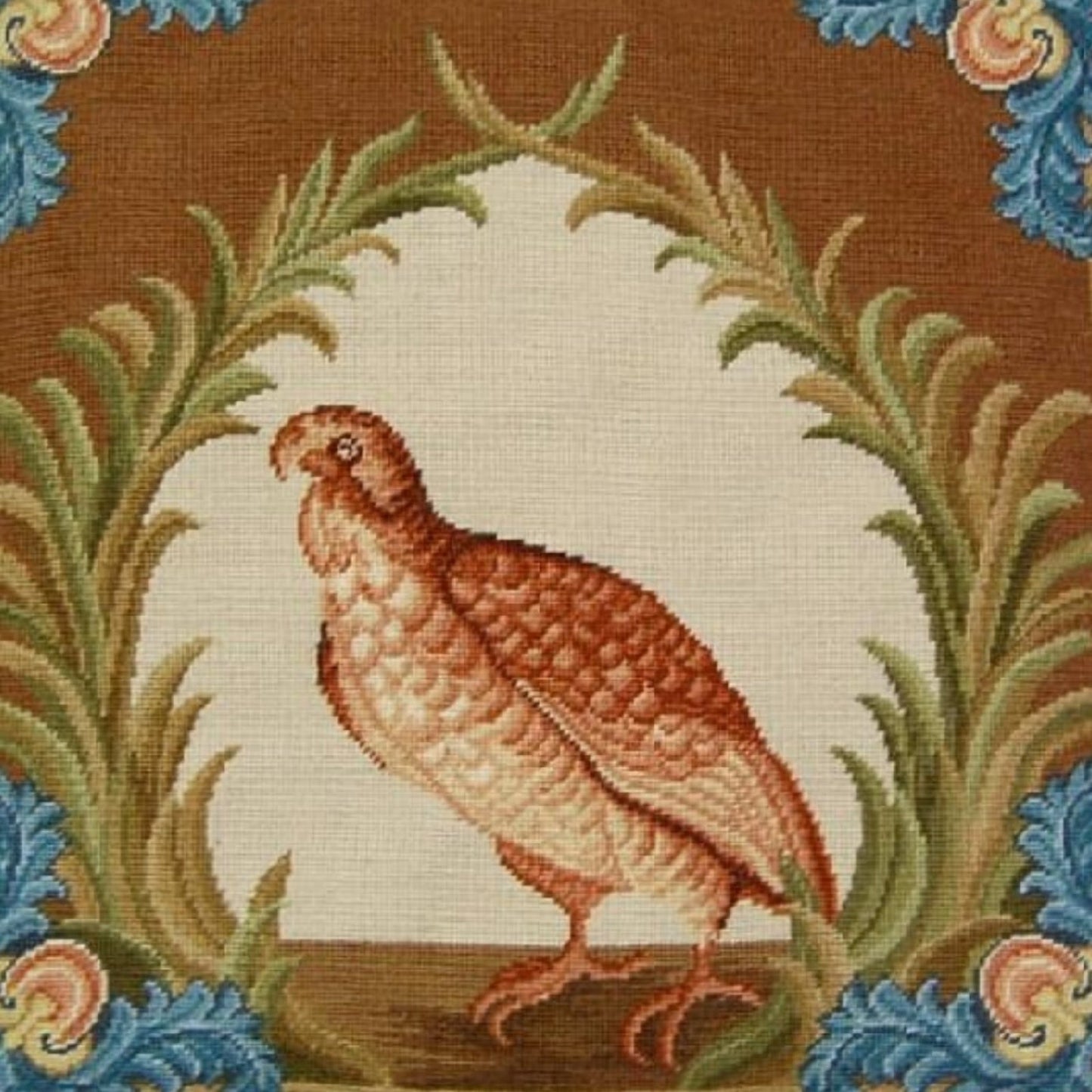 Handmade Wool Needlepoint Pillow Cover - Decorative Throw Cushion Cover - Vintage Floral Embroidery Design  Old World gallinaceous game bird -partridge looking forward with tassels2