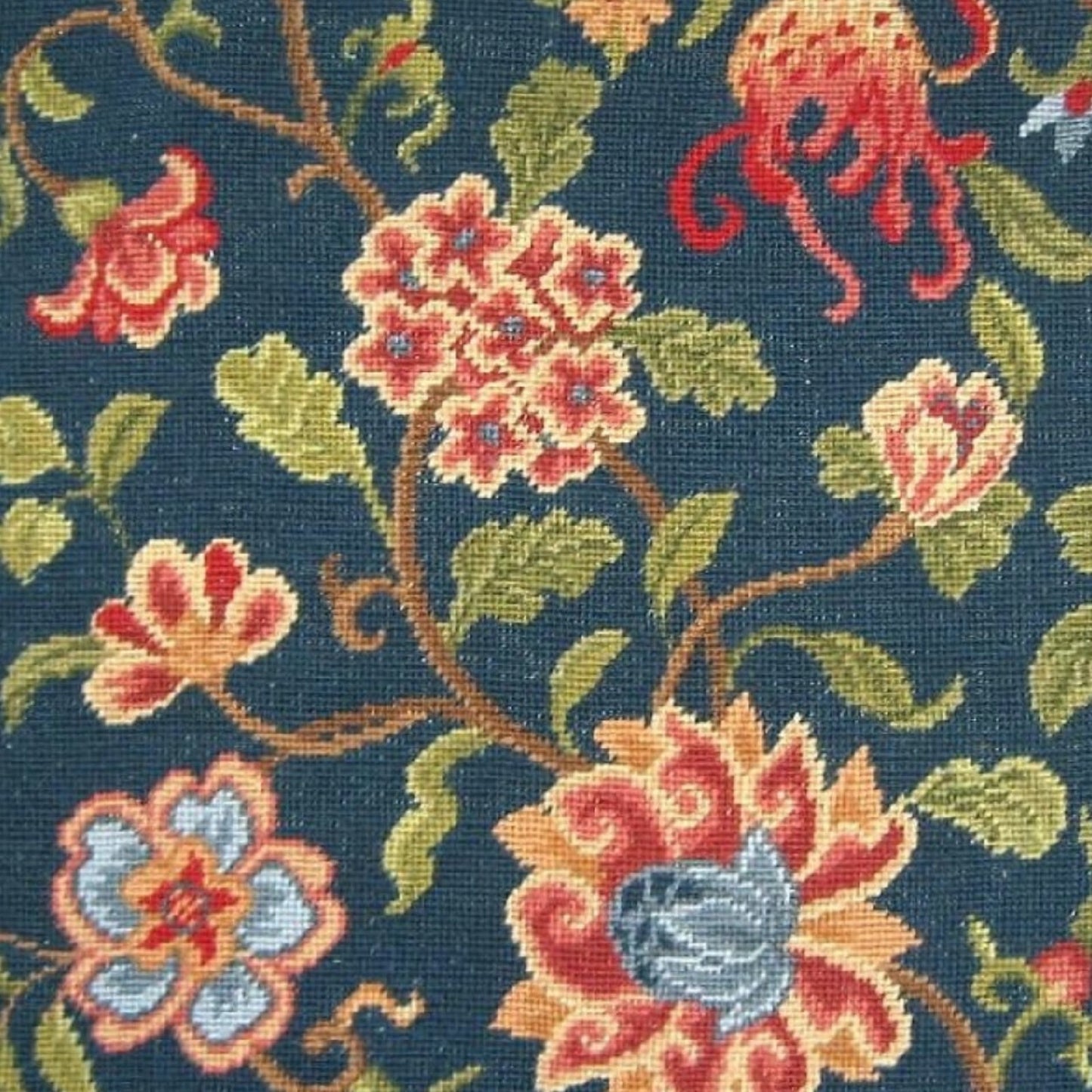 Handmade Wool Needlepoint Pillow Cover - Decorative Throw Cushion Cover - Vintage Floral Embroidery Design navy blue back Litchy flower 2 with blue heads with tassels