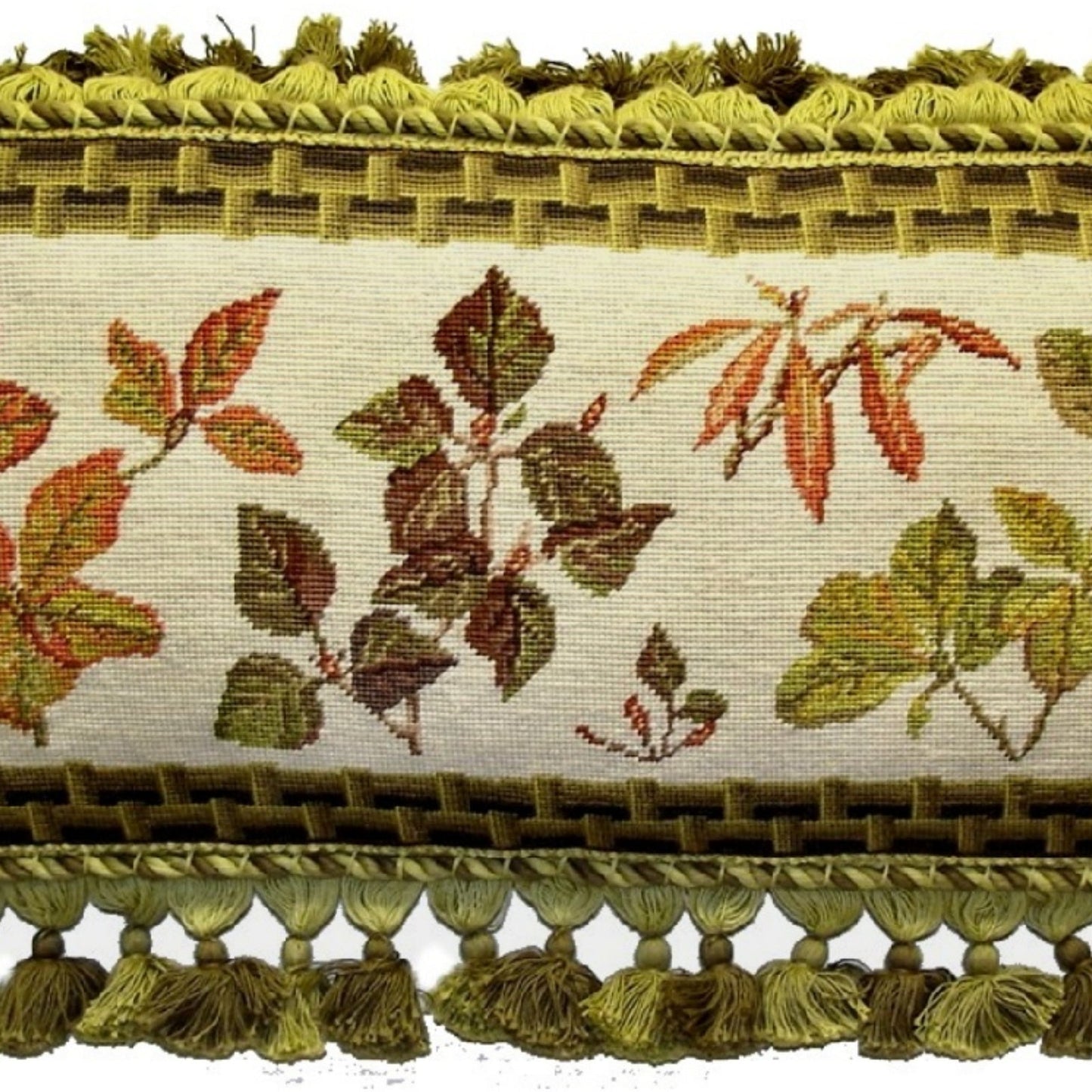 Handmade Wool Needlepoint Pillow Cover - Decorative Throw Cushion Cover - Vintage Floral Embroidery Design  leaves with brown bamboo frame 3 color tassels 1