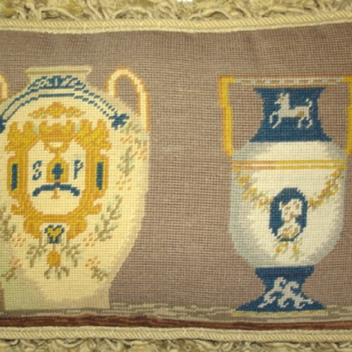 Handmade Wool Needlepoint Pillow Cover - Decorative Throw Cushion Cover - Vintage Floral Embroidery Design  French antique Napoleon Bonaparte vases with tassels