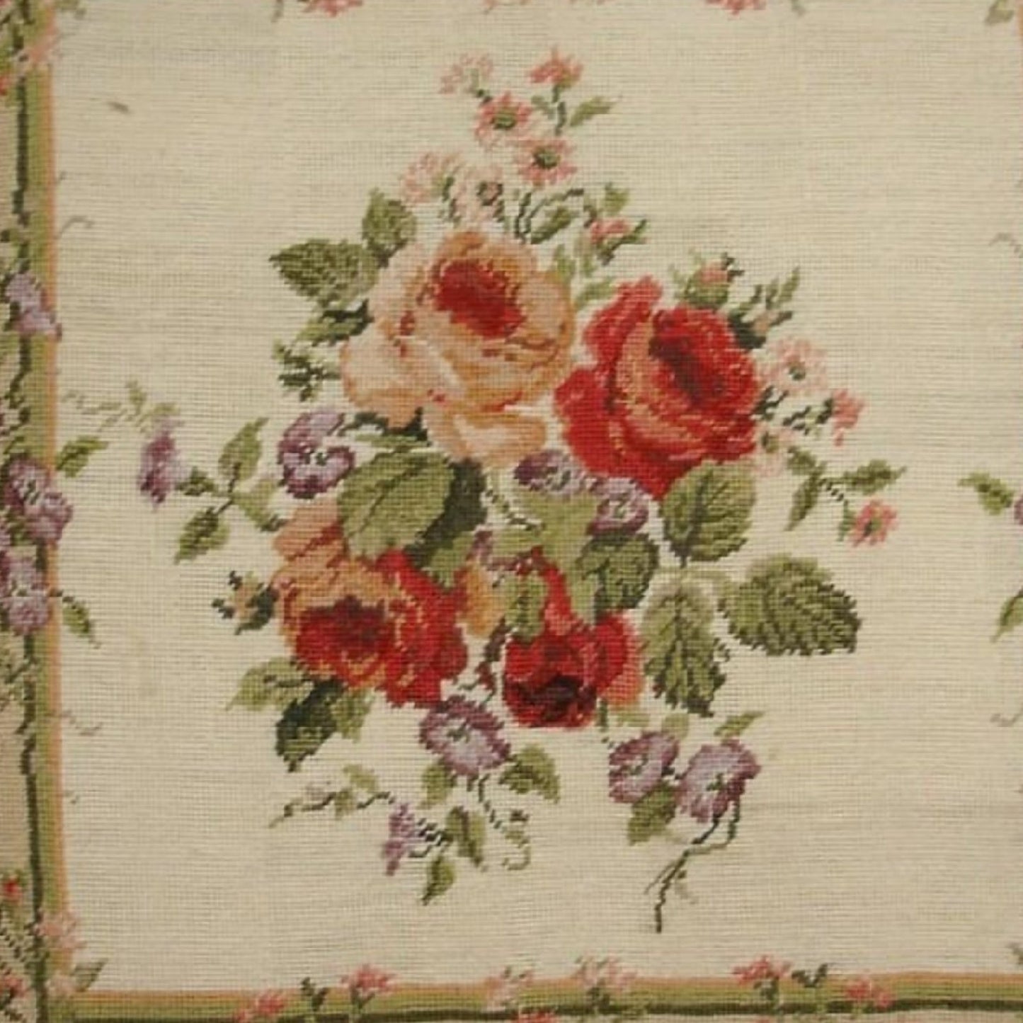 Handmade Wool Needlepoint Pillow Cover - Decorative Throw Cushion Cover - Vintage Floral Embroidery Design  center roses small flowers around board 2 color back & tassel
