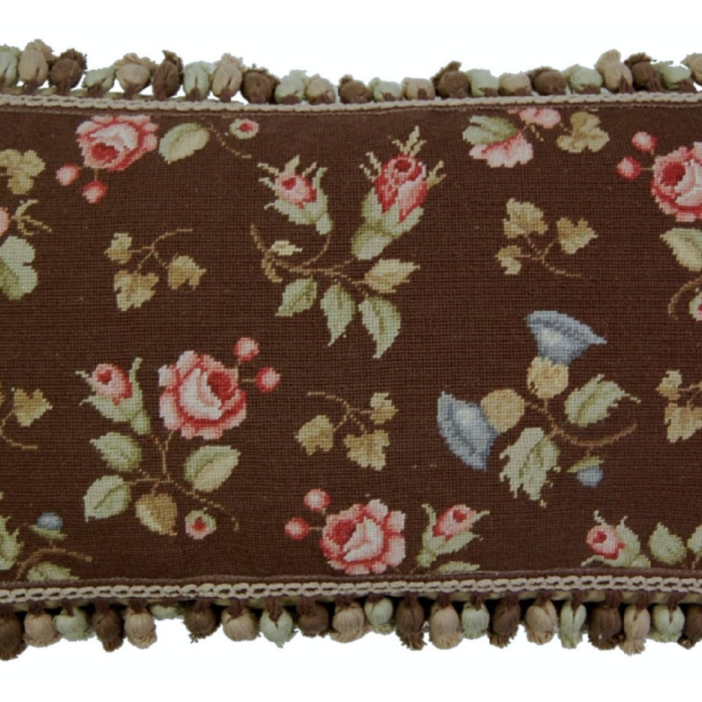 Handmade Wool Needlepoint Pillow Cover - Decorative Throw Cushion Cover - Vintage Floral Embroidery Design  pink roses brown back with tassels