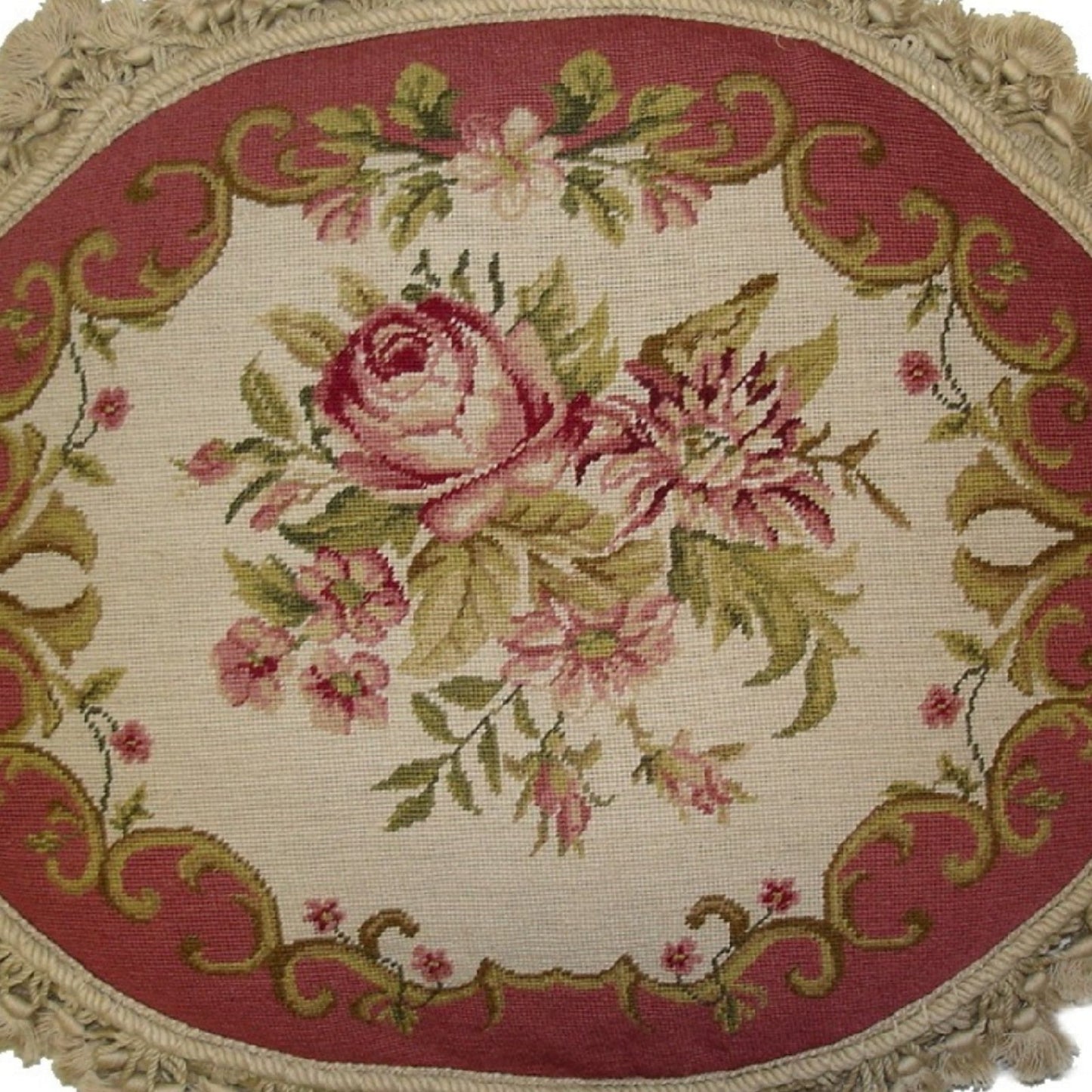 Handmade Wool Needlepoint Pillow Cover - Decorative Throw Cushion Cover - Vintage Floral Embroidery Design  oval pillow center roses with rose-pink frame nature tassels