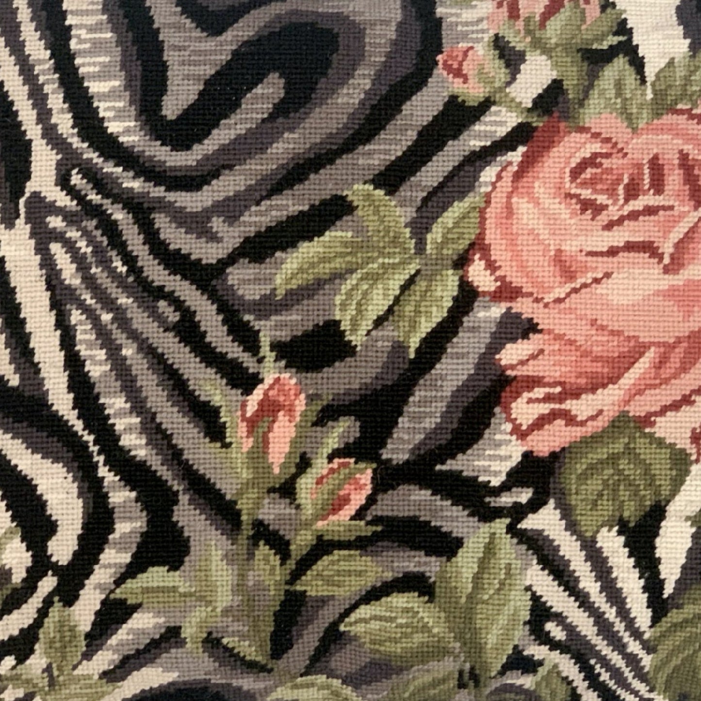 Handmade Wool Needlepoint Pillow Cover - Decorative Throw Cushion Cover - Vintage Floral Embroidery Design B/W zabera print pink rose with 3 color tassel