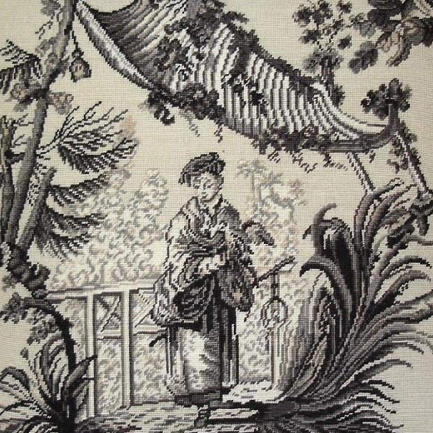 Handmade Wool Needlepoint Pillow Cover - Decorative Throw Cushion Cover - Vintage Floral Embroidery Design  Chinese fishman black/white