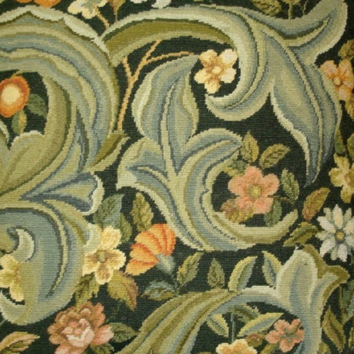 Handmade Wool Needlepoint Pillow Cover - Decorative Throw Cushion Cover - Vintage Floral Embroidery Design All  William Morris Old World leafs & flowers with nature tassels