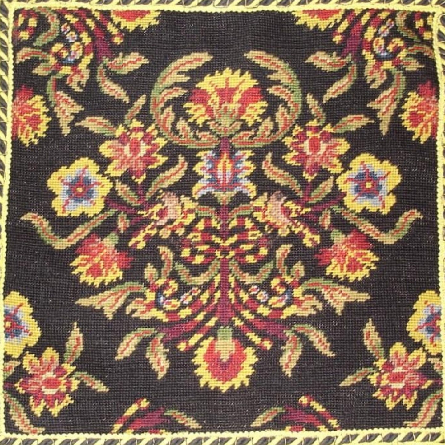 Handmade Wool Needlepoint Pillow Cover - Decorative Throw Cushion Cover - Vintage Floral Embroidery Design William Morris design black background 2 color tassel