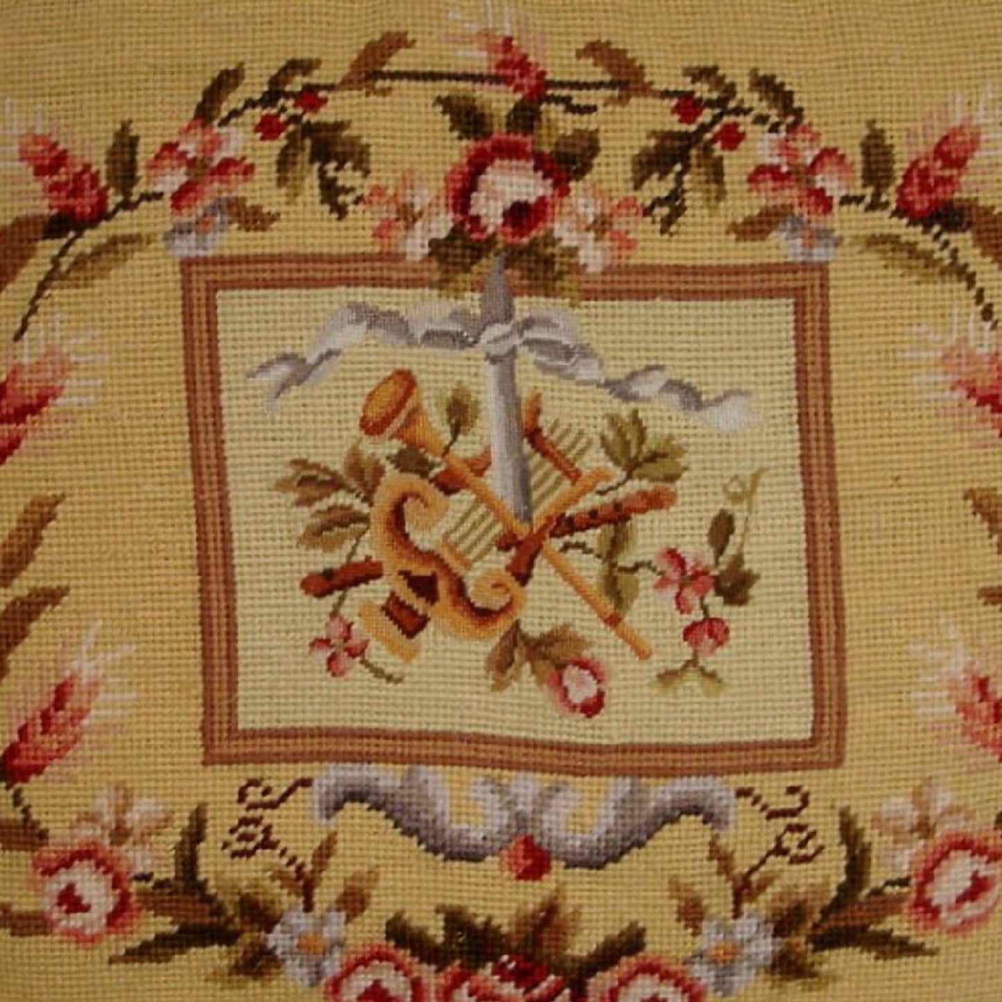 Handmade Wool Needlepoint Pillow Cover - Decorative Throw Cushion Cover - Vintage Floral Embroidery Design  Harp background