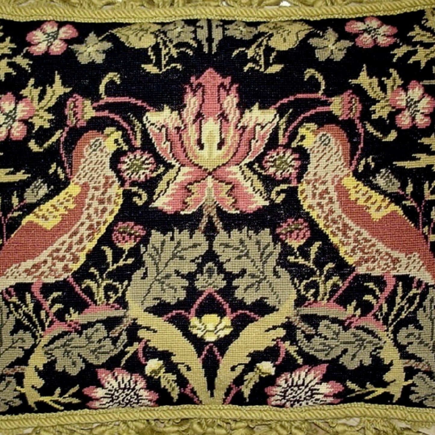 Handmade Wool Needlepoint Pillow Cover - Decorative Throw Cushion Cover - Vintage Floral Embroidery Design William Moris design 2 pink birds dark navy background gold tassels