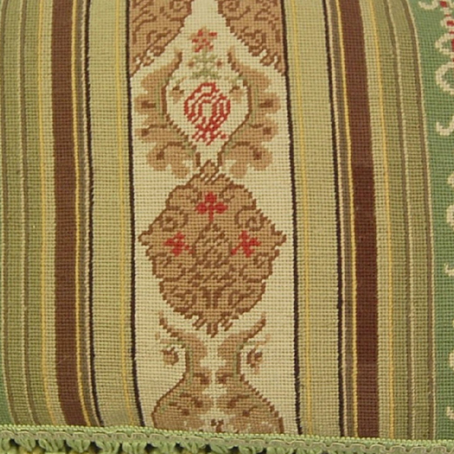 Handmade Wool Needlepoint Pillow Cover - Decorative Throw Cushion Cover - Vintage Floral Embroidery Design green/brown large patten in center with 3 color tassels