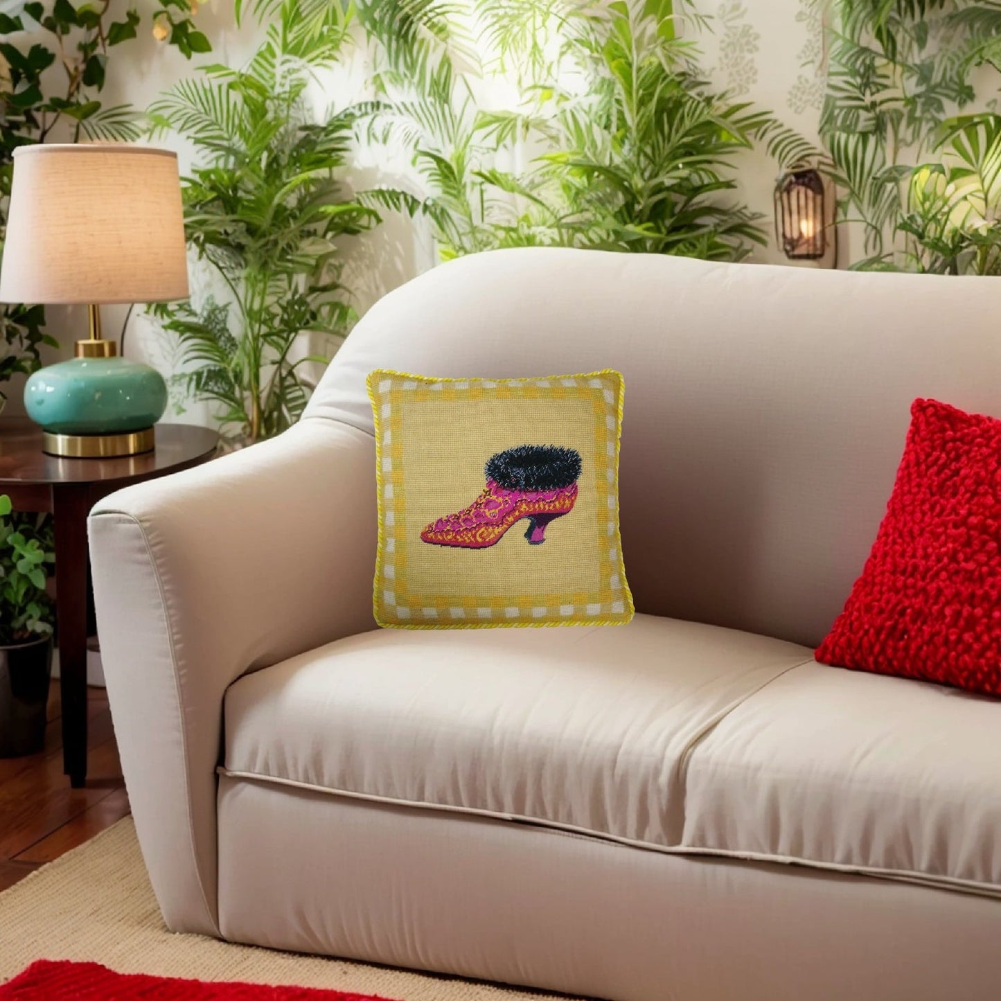 Handmade Wool Needlepoint Pillow Cover - Decorative Throw Cushion Cover - Vintage Floral Embroidery Design  fur shoe yellow background with 2 color cording