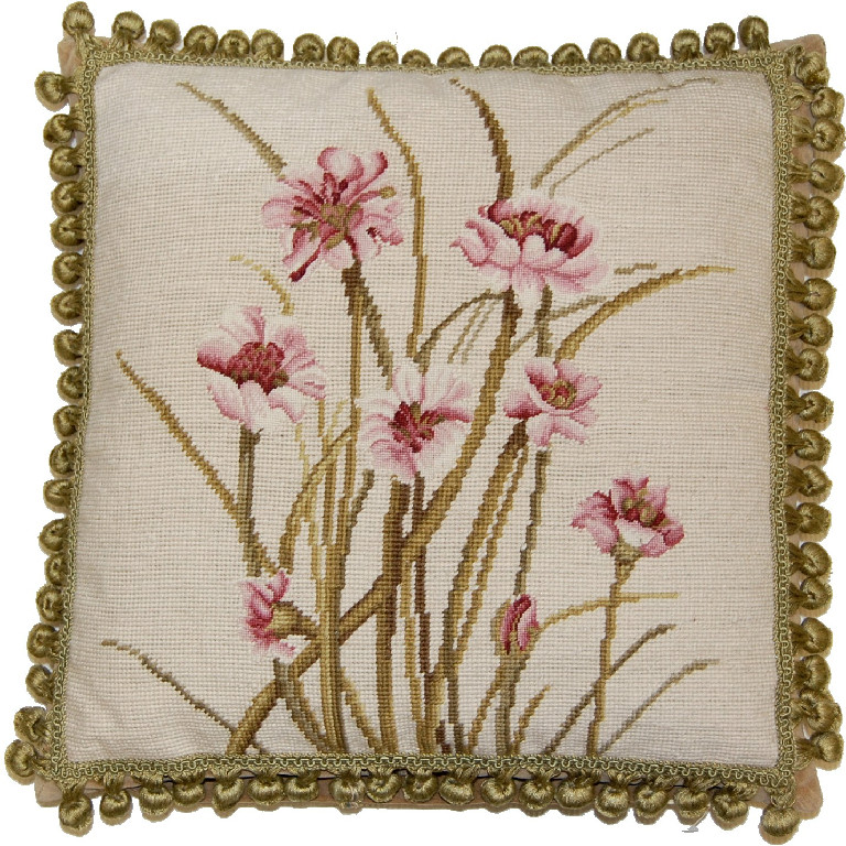 Needlepoint Hand-Embroidered Wool Throw Pillow Exquisite Home Designs pink orchard with tassel