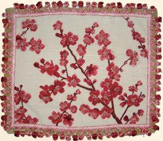 Needlepoint Hand-Embroidered Wool Throw Pillow Exquisite Home Designs  red blooming plums with tassels