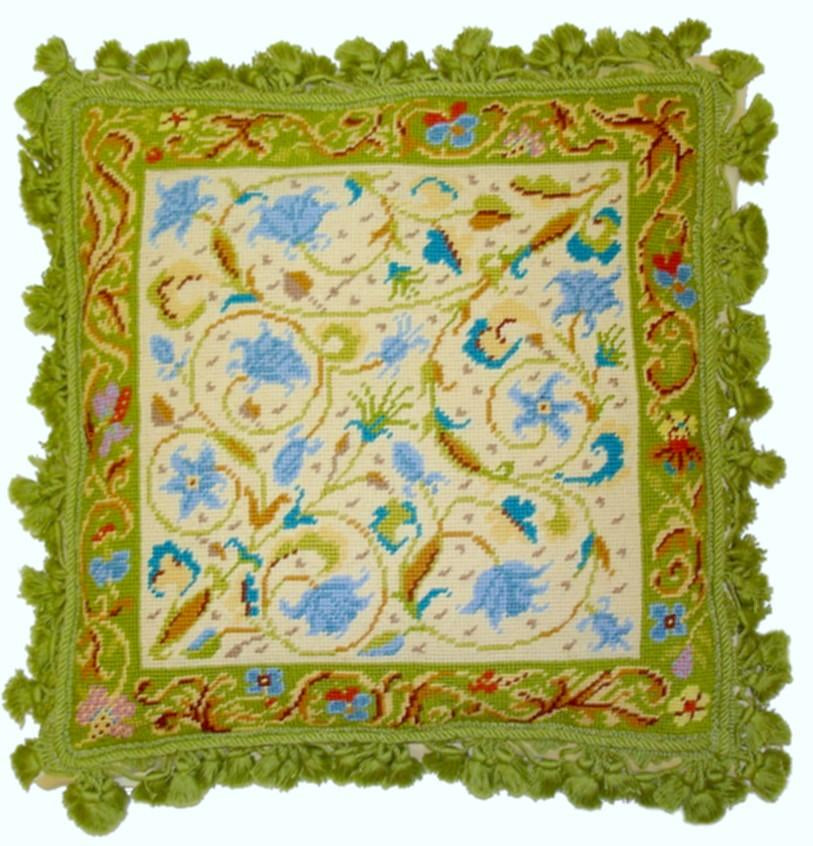 Needlepoint Hand-Embroidered Wool Throw Pillow Exquisite Home Designs blue, green roses & Irish lime green frame & tassels